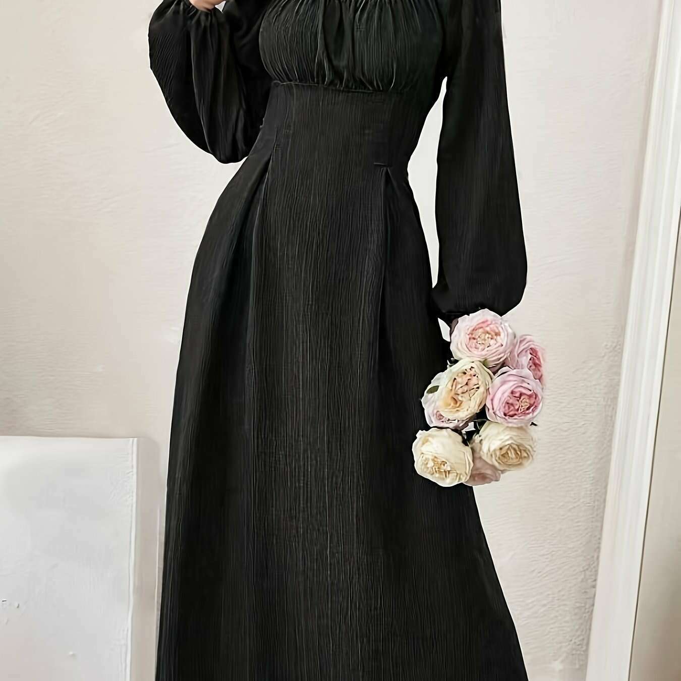 Textured Cross Tie Lantern Sleeve Dress – Elegant & Romantic