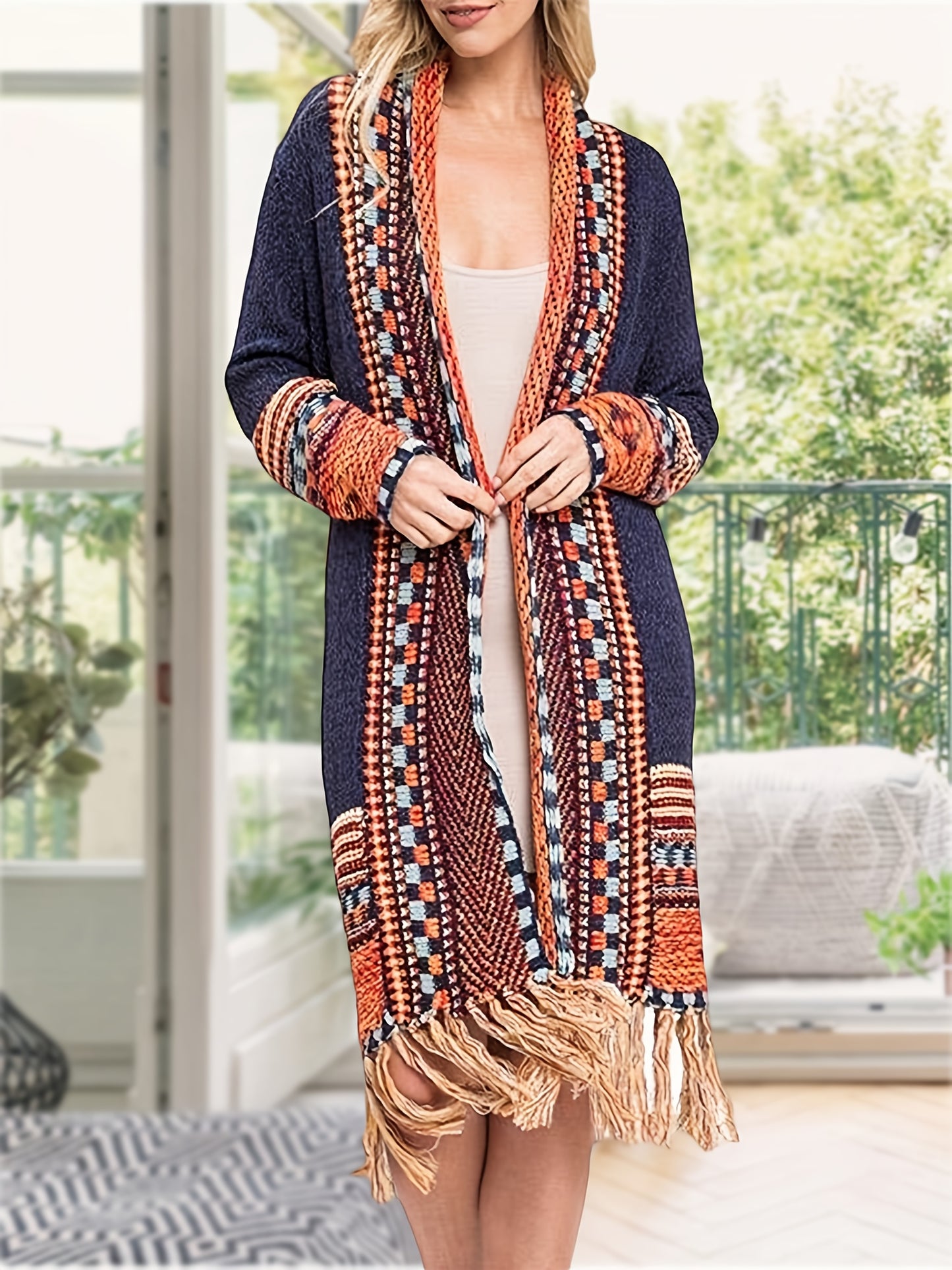 Women Boho Cardigan Sweater Long Open Front Maxi Knit Sweaters Aztec Tribal Tassel Fringe Thin Coat