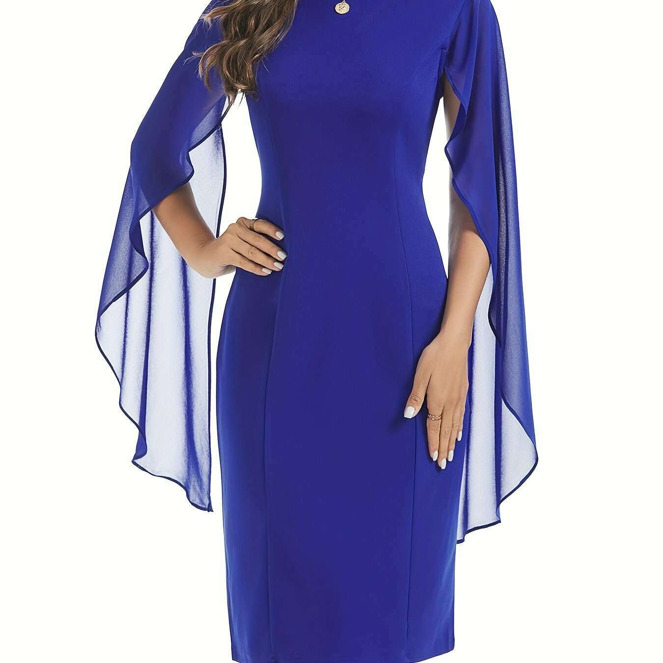 Elegant Midi Bodycon Dress with Cape Sleeves and Slit Hem - D&M Boutique