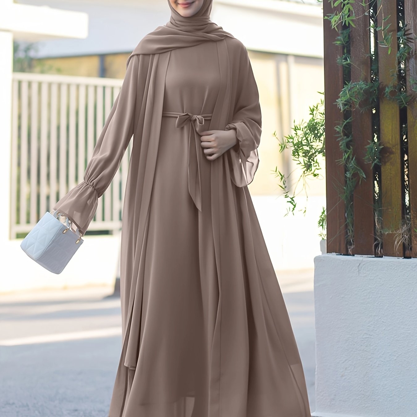Middle Eastern Muslim Elegant Chiffon Abaya Set with Vest and Belted Outer Wrap