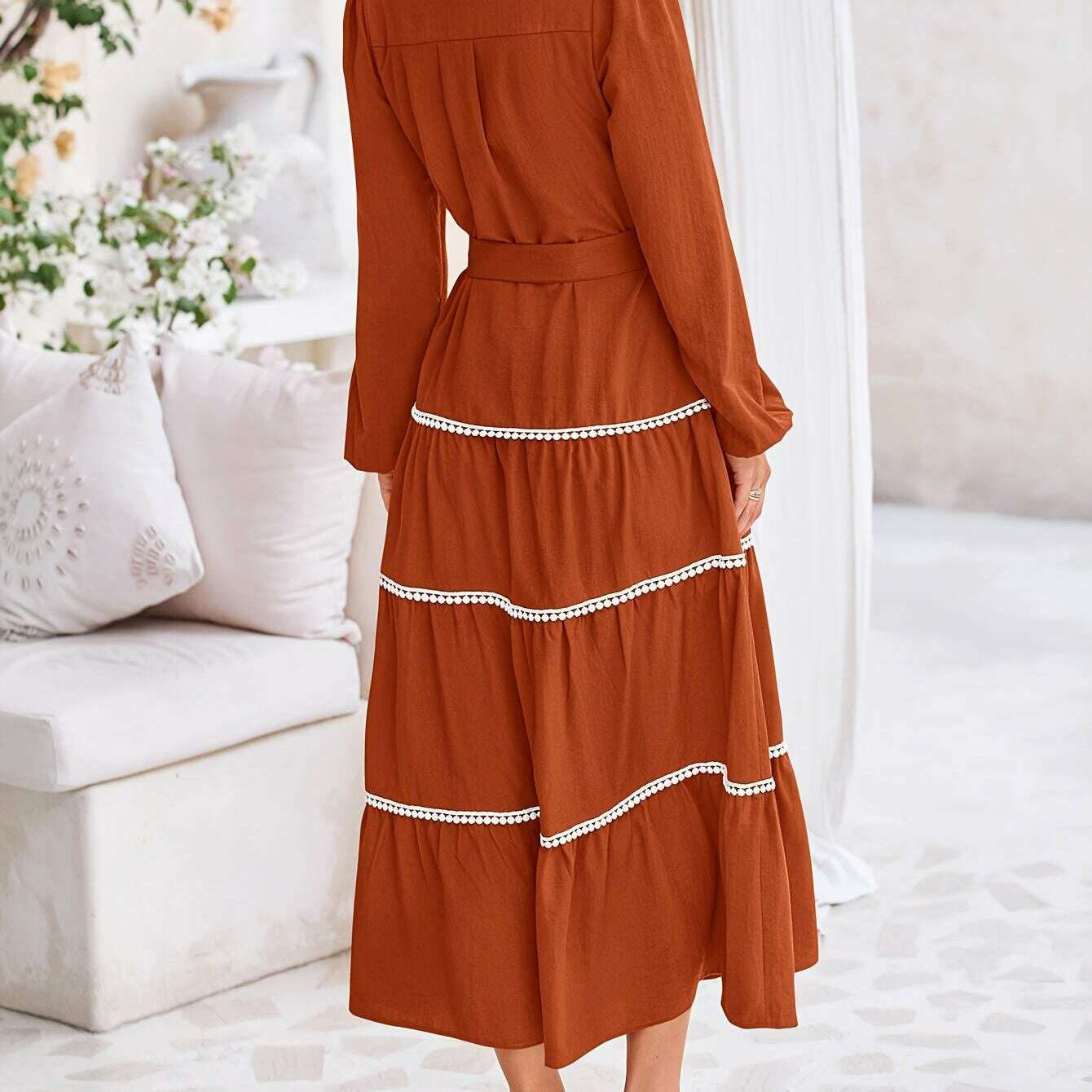 Women'S Spring Casual Dress Loose Drawstring Lantern Sleeve Long Sleeve Tier Dress With Pockets