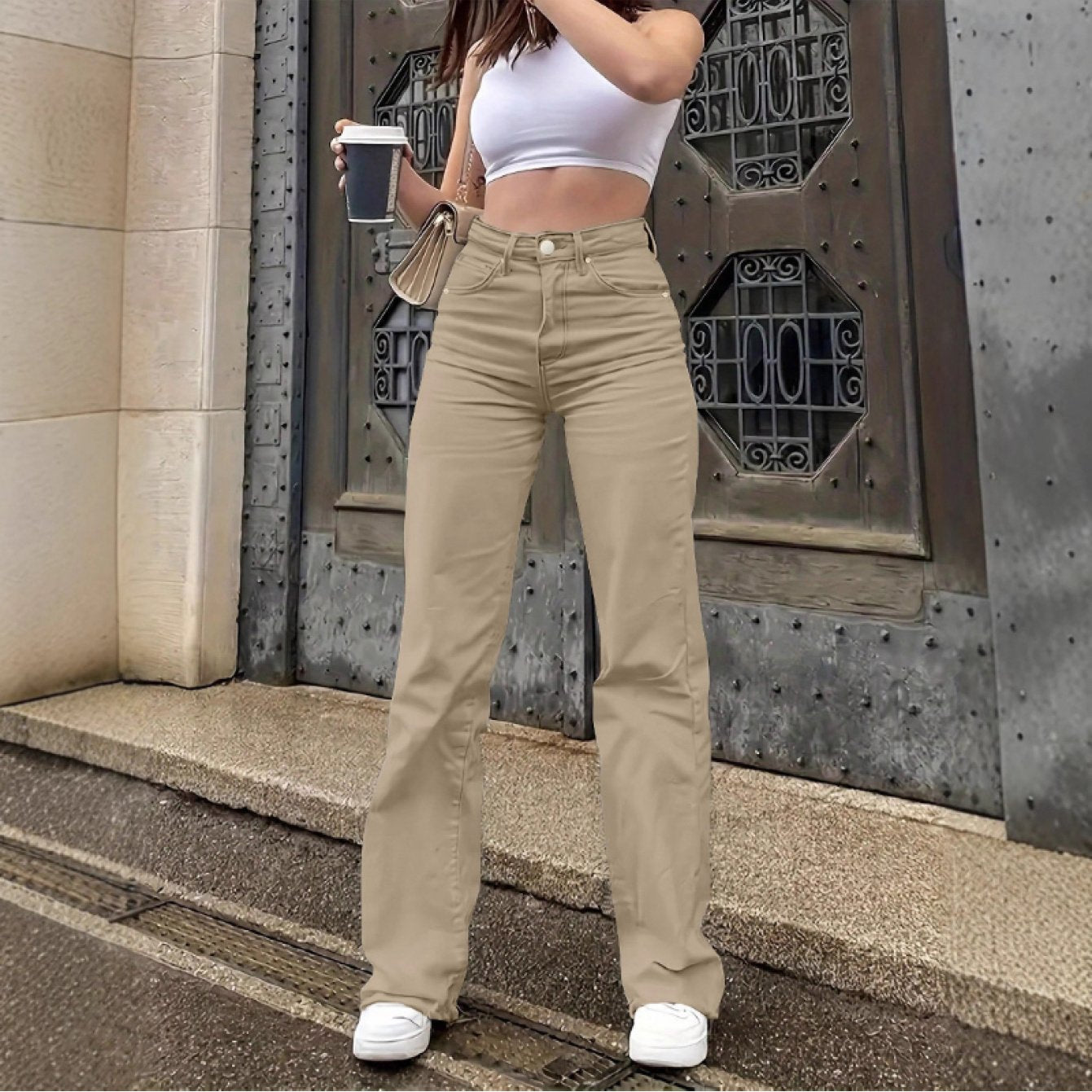 Women'S High-Waisted Straight-Leg Jeans - Stretch Denim with Pockets, Beige, Casual & Workplace Style, Mid-Rise, Flared Design, Perfect for Spring Commuting, High Waisted Jeans