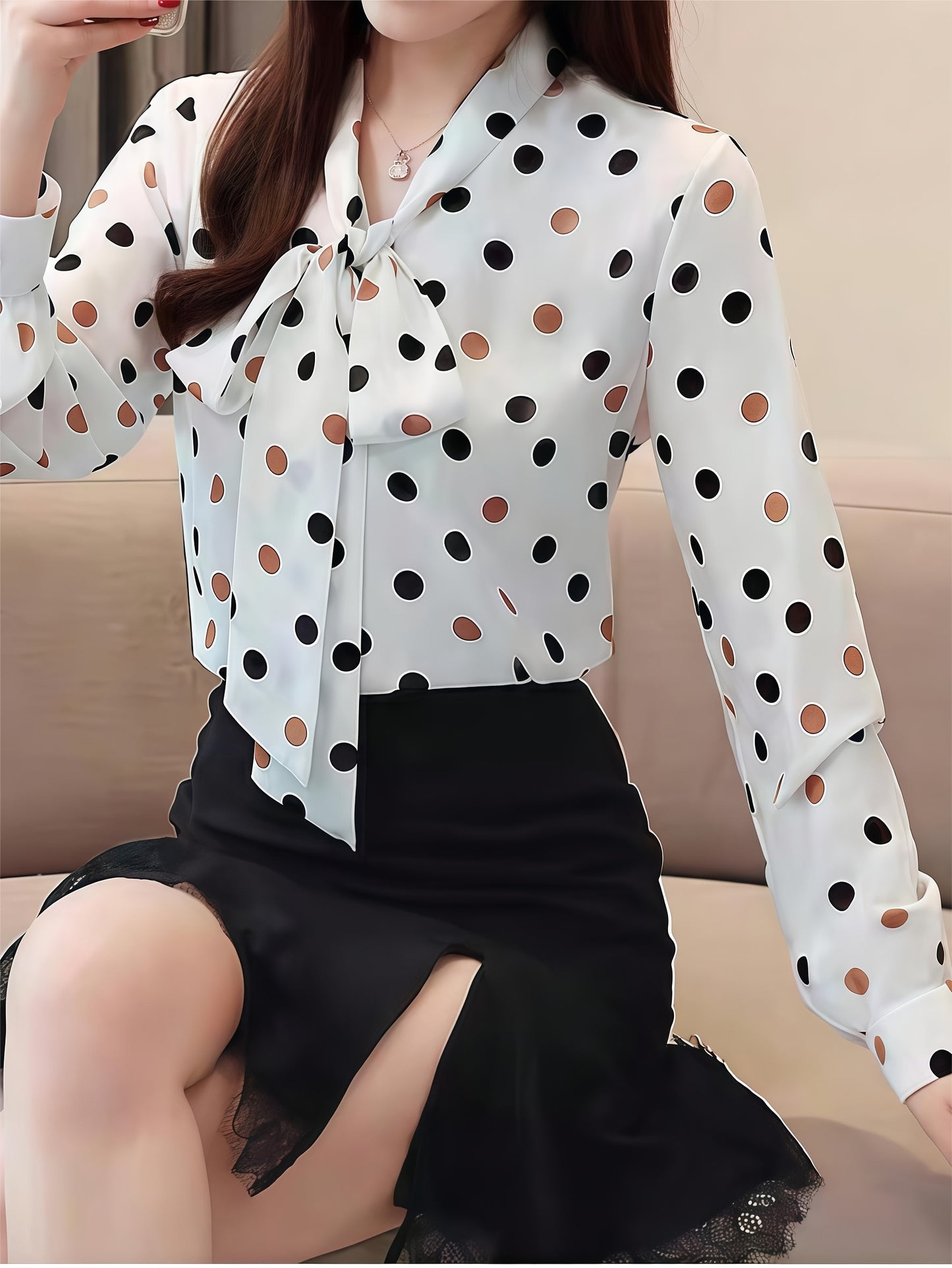 Polka Dot Print Long-sleeve Blouse, Women'S All-season Casual Top. Elegant And Versatile Style Suitable For Spring, Summer, Autumn, And Winter, Perfect For Both Office Wear And Dates, Offering A Fresh And Refined Look