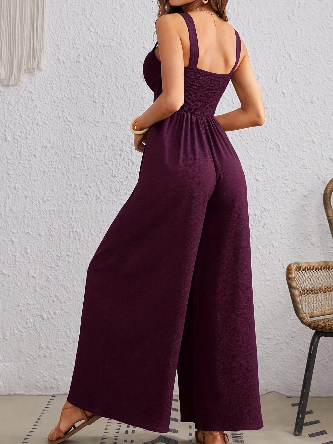 Women'S Elegant One-Piece Overalls Romper - Formal to Casual Outfit, Smocked Front & Waist, Easy-to-Wear Jumpsuit for Parties, Office, Casual Attire - Spring/Fall Clothing, Party Attire, Vneck Design, Flowy Fabric, Office Att