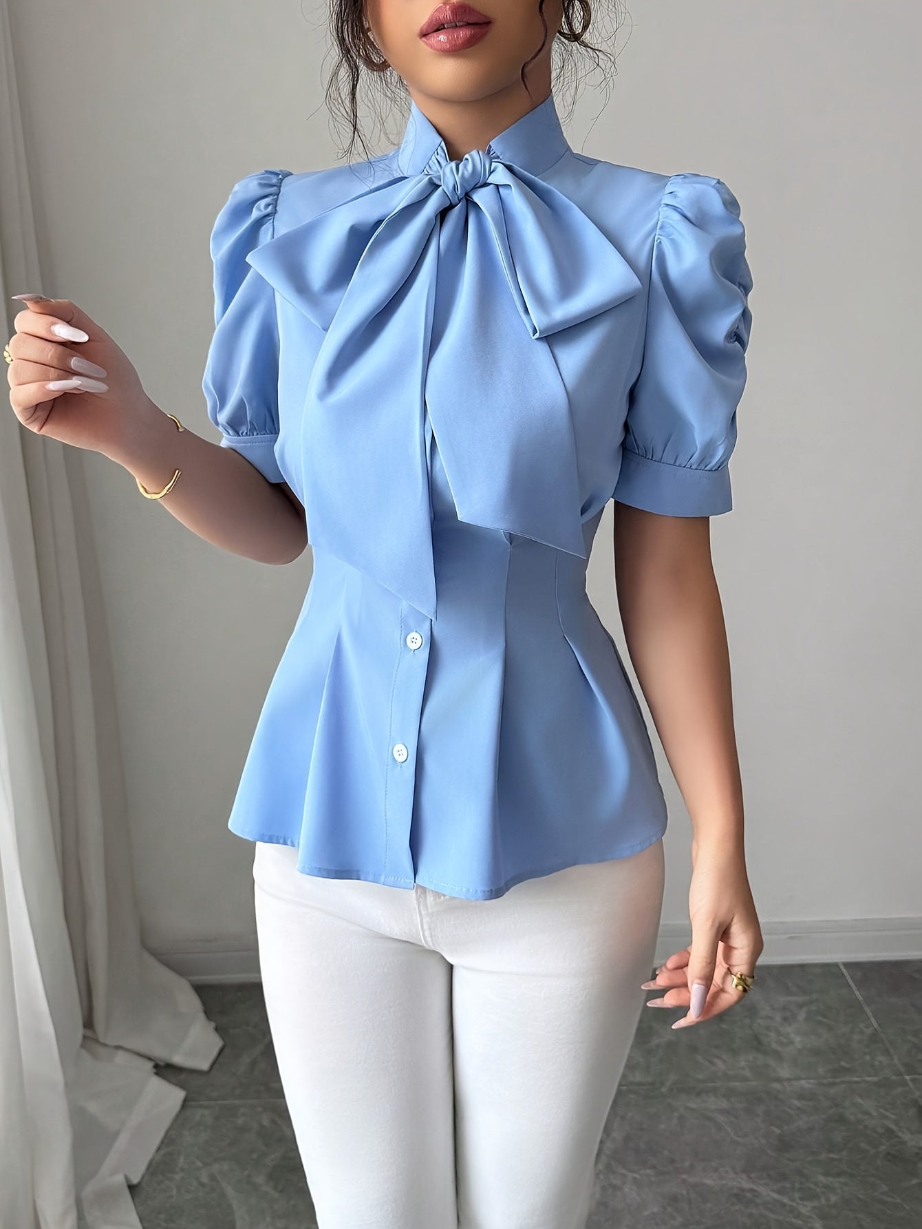 Women's Elegant Bowknot Waist Fold Blouse - Light Blue A-Line Smock Shirt with Puffed Sleeves, Structured Collar & Ruffled Trim, Machine Washable Solid Color Top for Spring Summer Fall Casual & Formal Outfits, Non-Stretch Fab