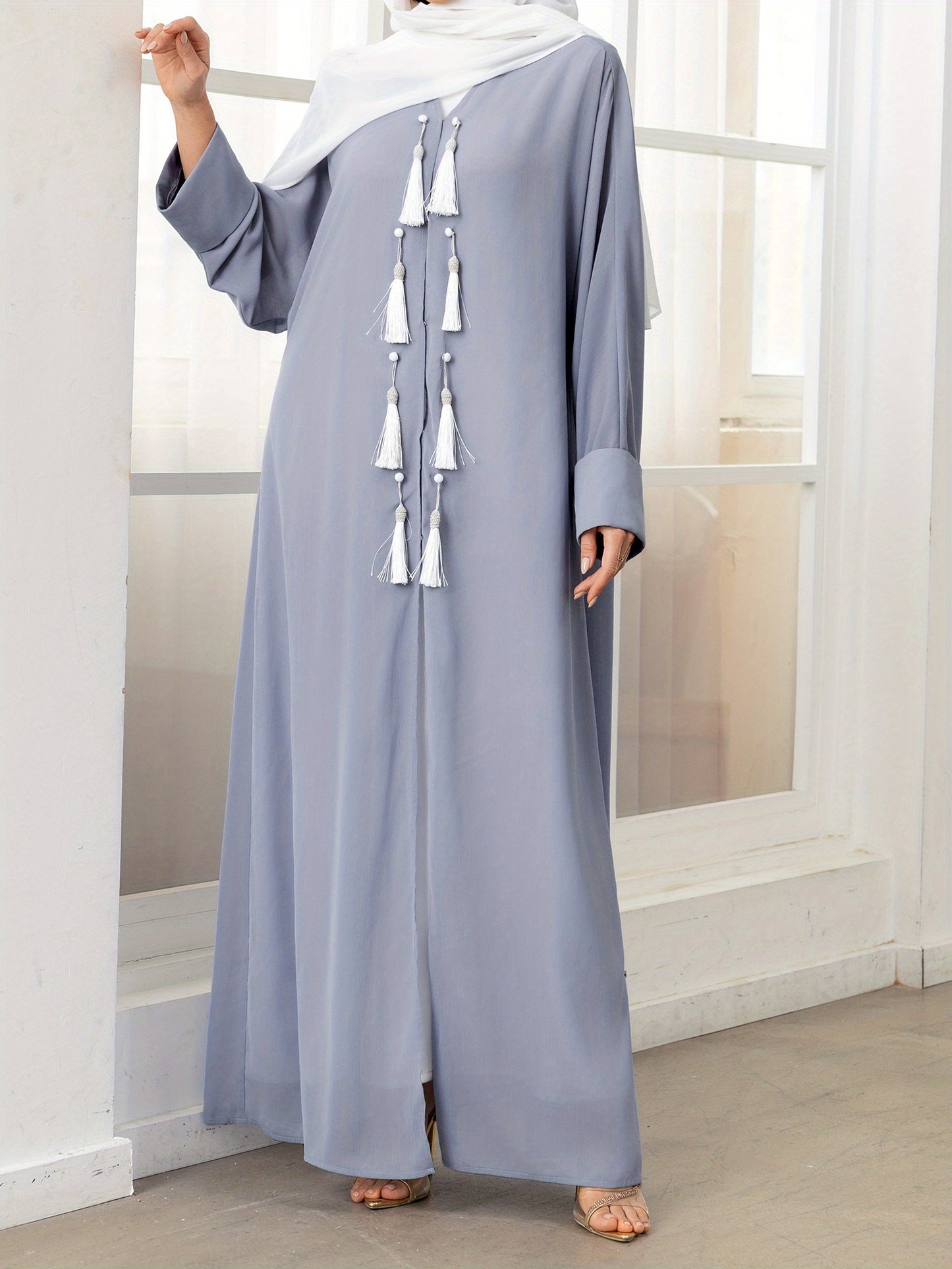 Elegant Gray Long Sleeve Tassel Cardigan - Women’s Loose Fit Caftan Gown for All Seasons, Casual Polyester Robe with Draped Design, Machine Washable