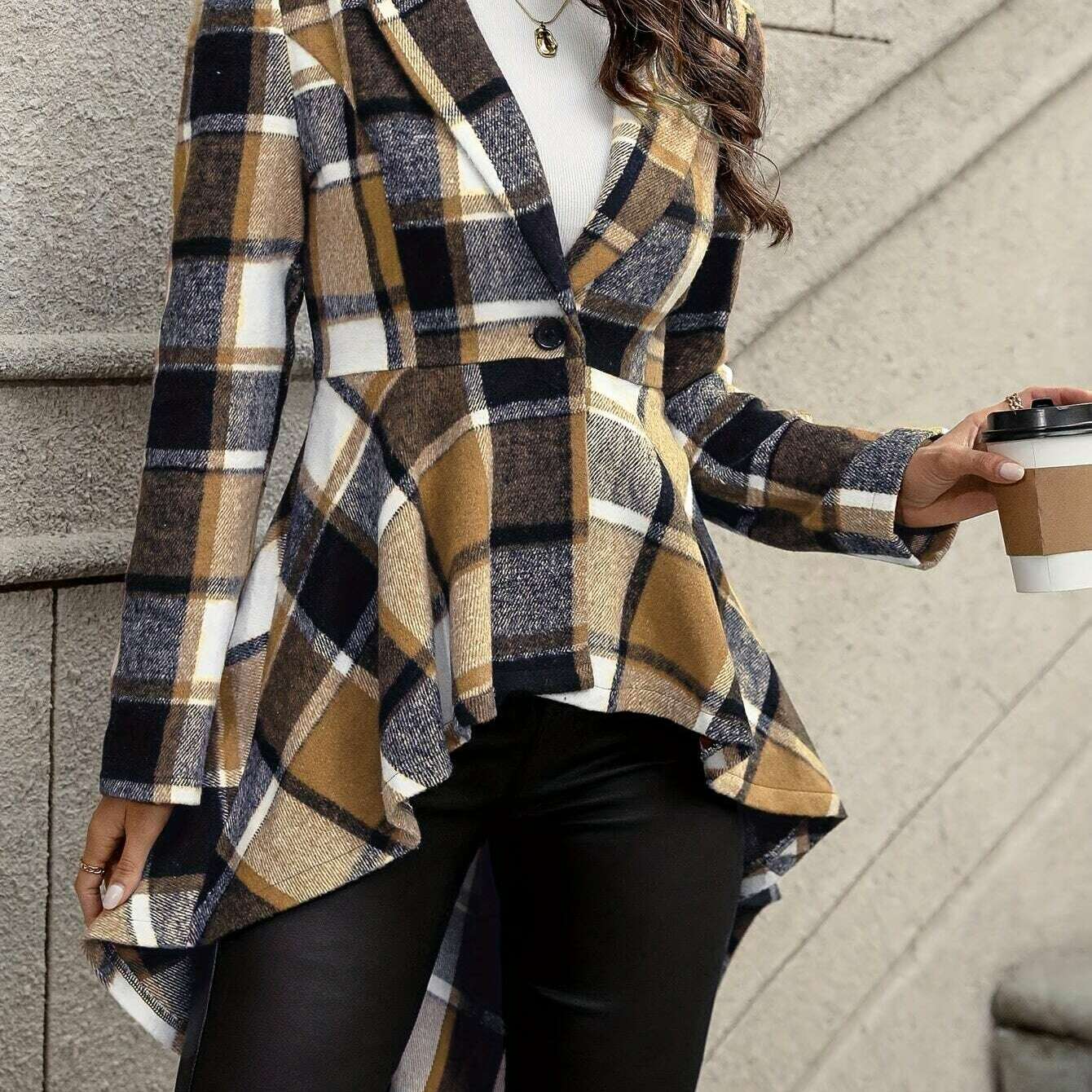 Stylish Plaid Flare Jacket with High-Low Hem for Women