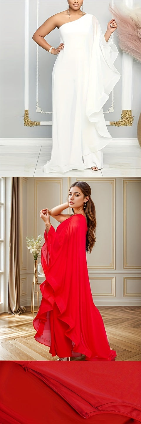 PORRCEY Sexy Single Shoulder Ruffled Sleeveless Solid Color Patchwork Elastic Jumpsuit