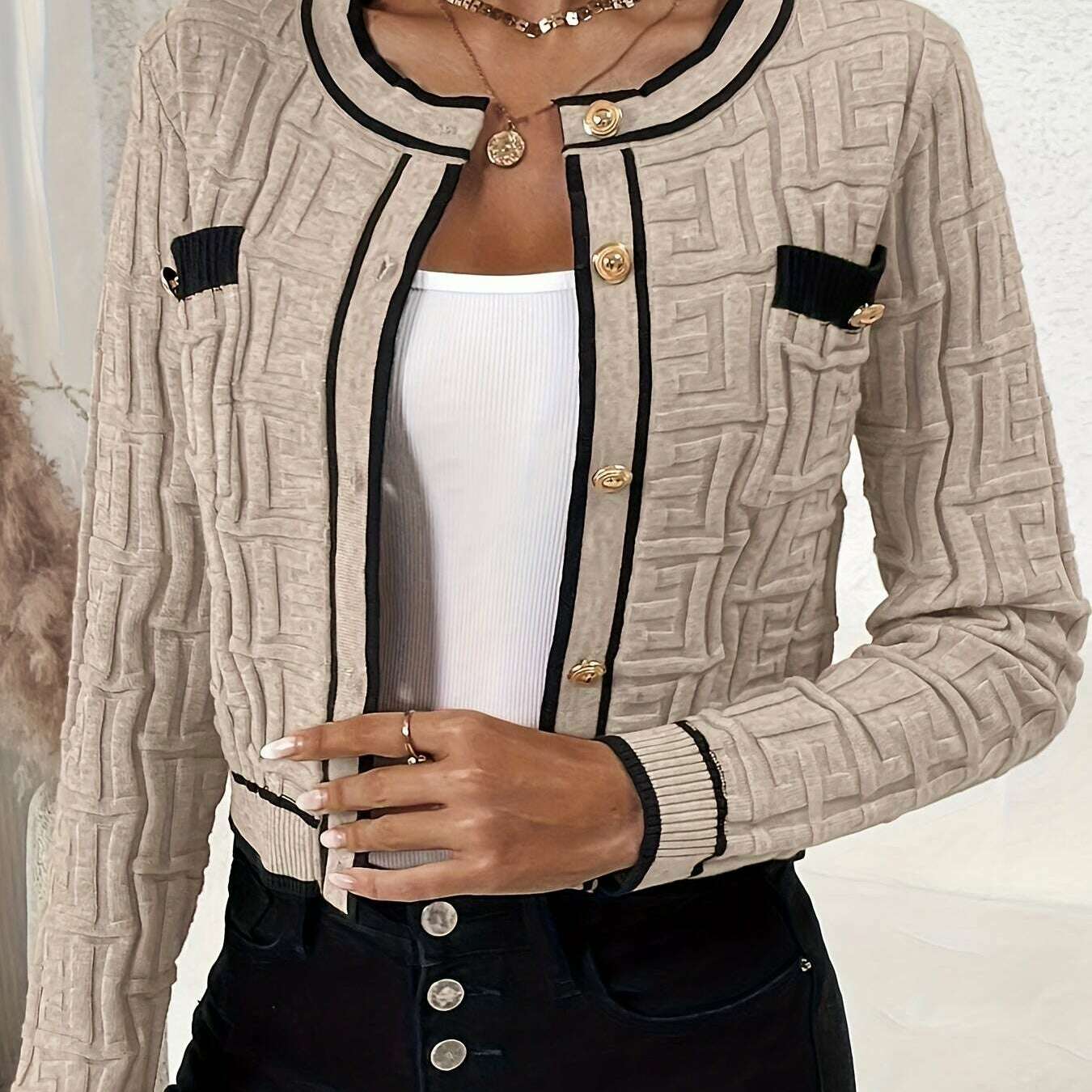 Chic Geometric Print Long Sleeve Cropped Cardigan with Contrast Details