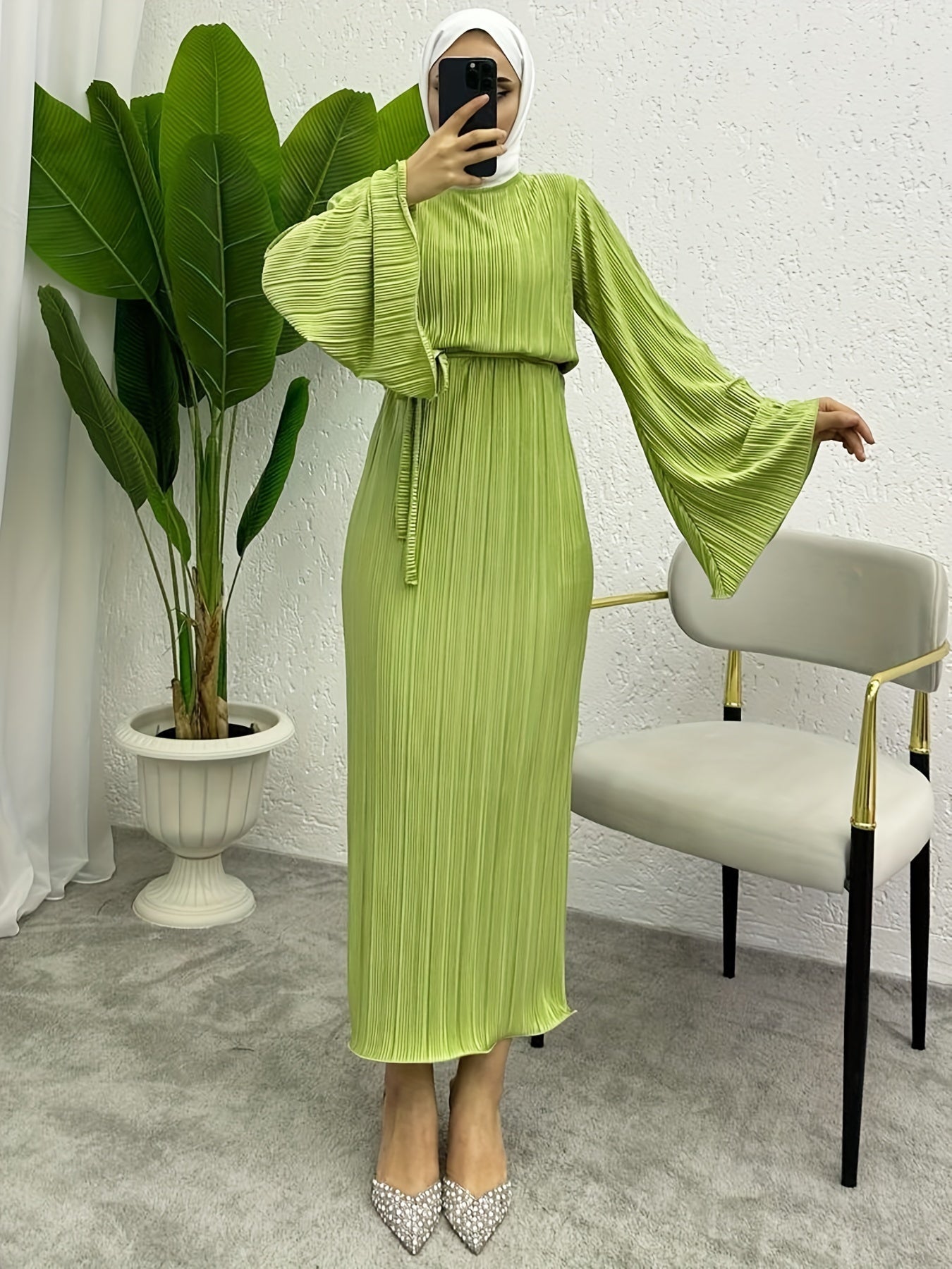 Solid Textured Belted Modest Dress, Elegant Flare Sleeve Simple Maxi Dress For Spring & Fall, Women's Clothing