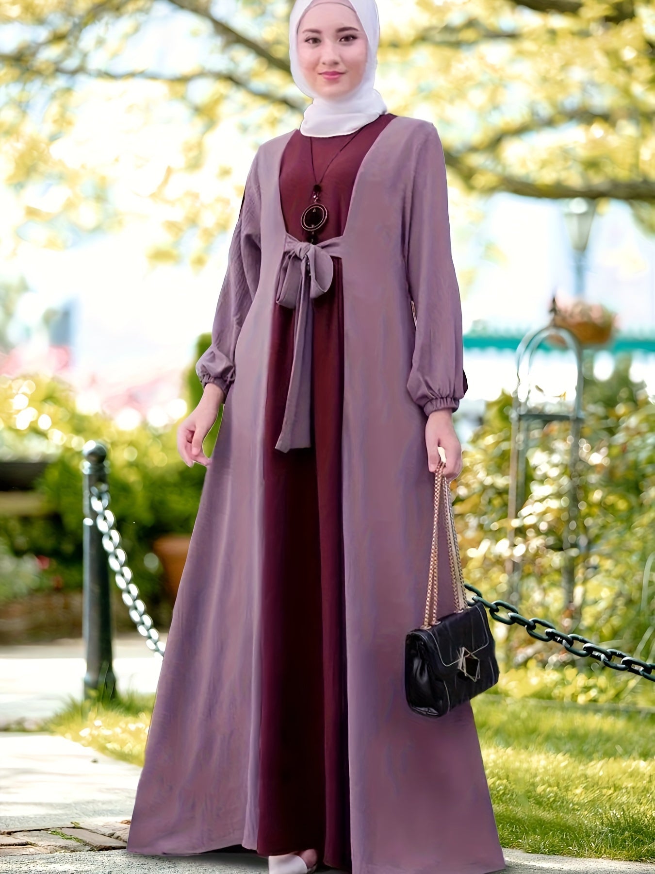Ramadan Elegant Tie Front Kaftan Dress - Abayas with Long Sleeve, Maxi Length, Color Block Design, Women's Clothing for Special Occasions - Classic, Modest, and Chic Fashion