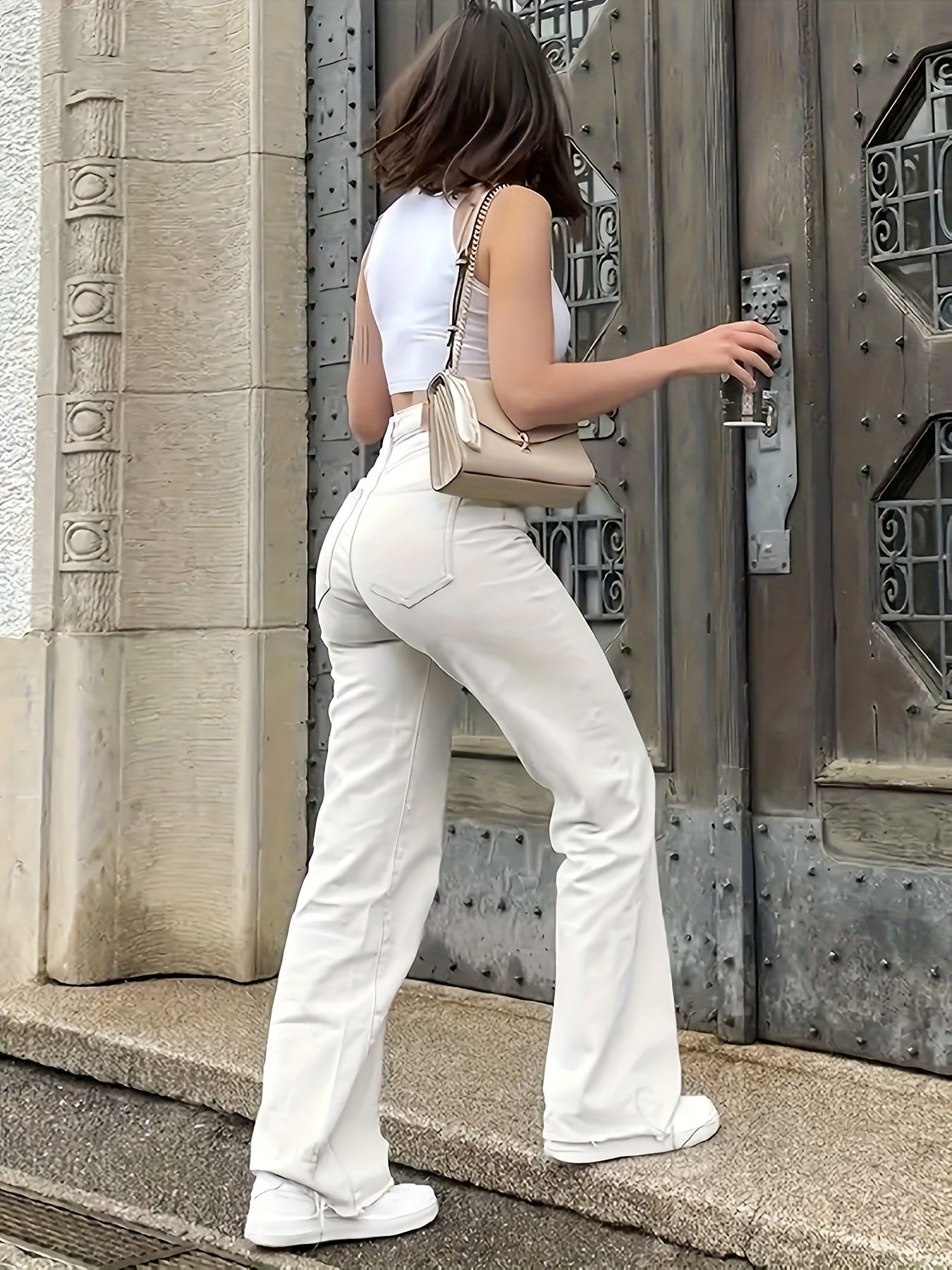 Women'S High-Waisted Straight-Leg Jeans - Stretch Denim with Pockets, Beige, Casual & Workplace Style, Mid-Rise, Flared Design, Perfect for Spring Commuting, High Waisted Jeans