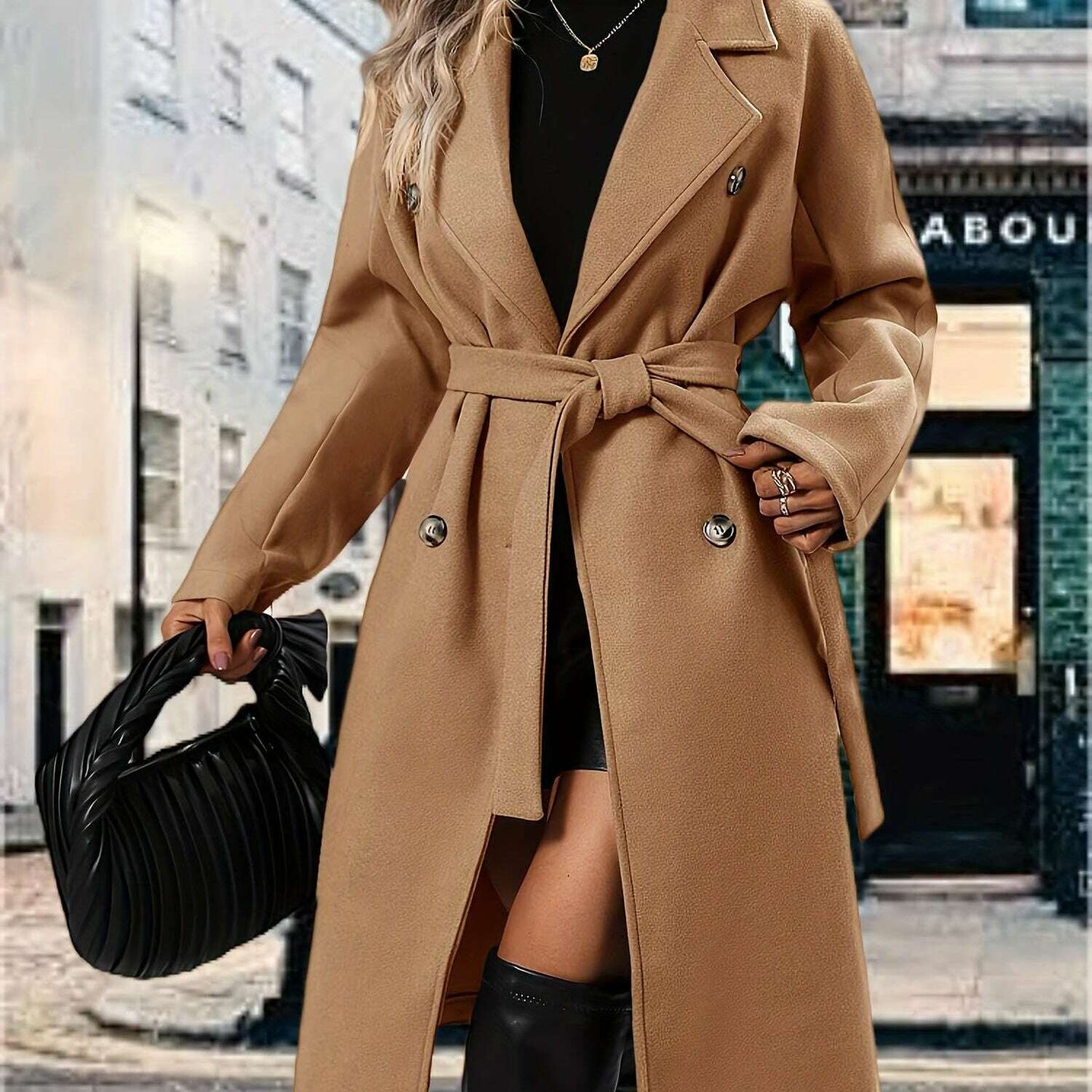 Women's Pea Coat with Lapel Collar and Belted Pockets