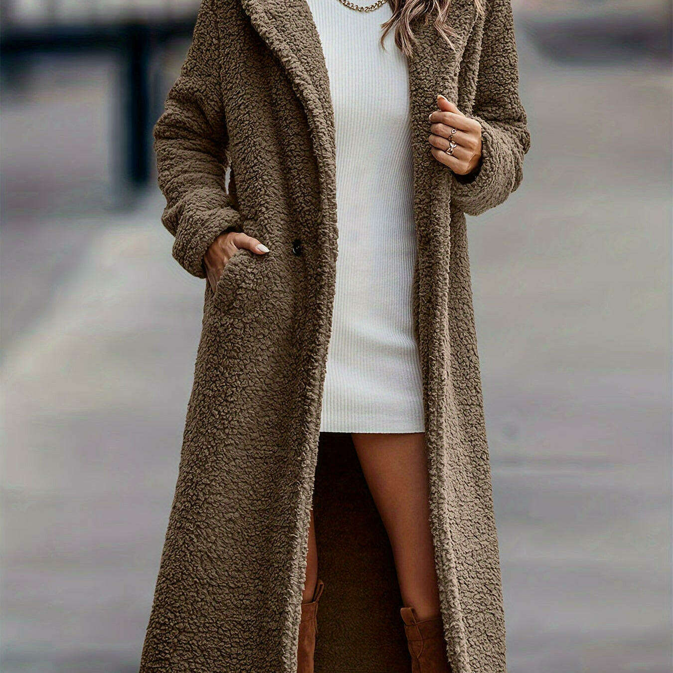 Long Fuzzy Fleece Hooded Faux Fur Winter Coat for Women