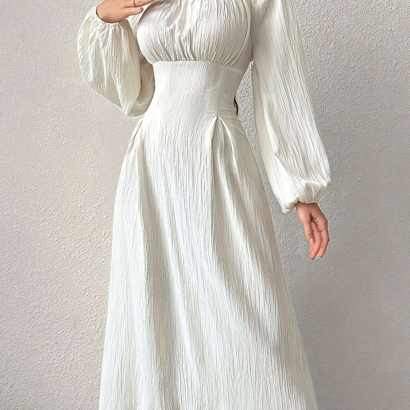 Textured Cross Tie Lantern Sleeve Dress – Elegant & Romantic