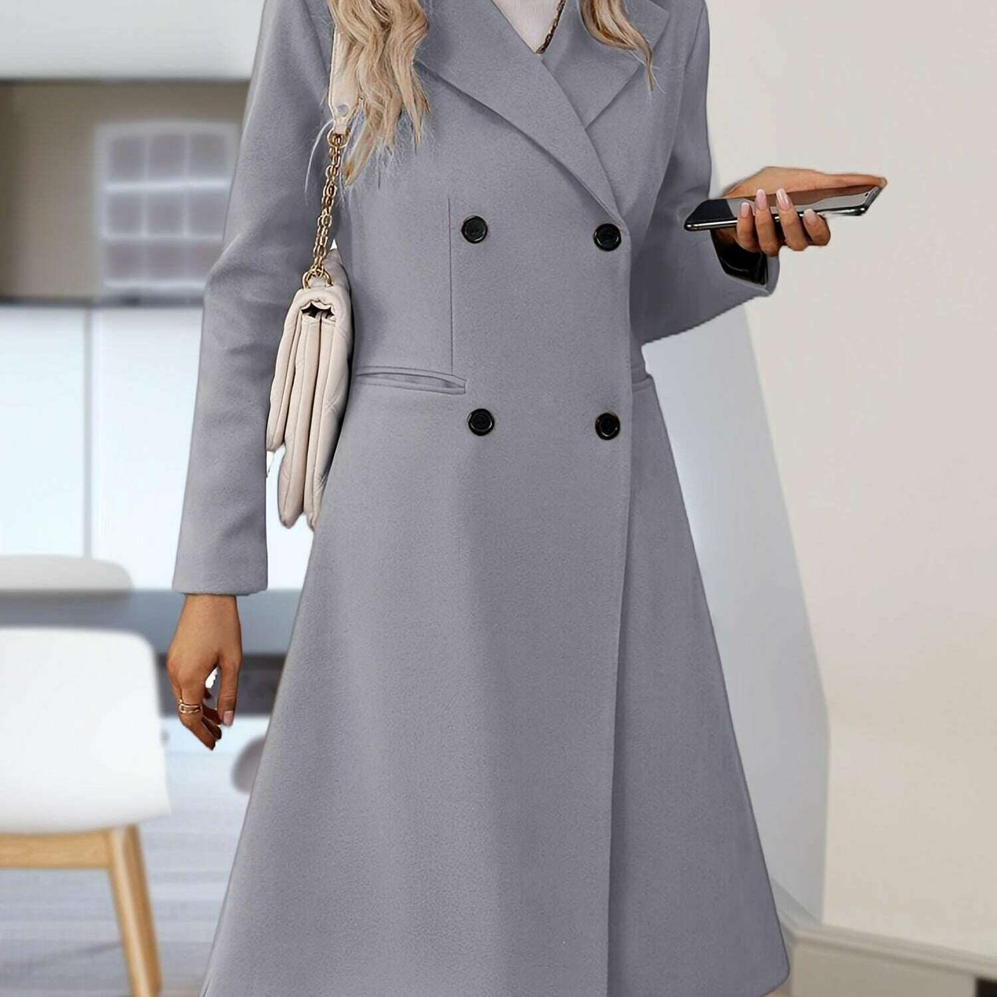 Women's Long Double-Breasted Pea Coat with Lapel Collar