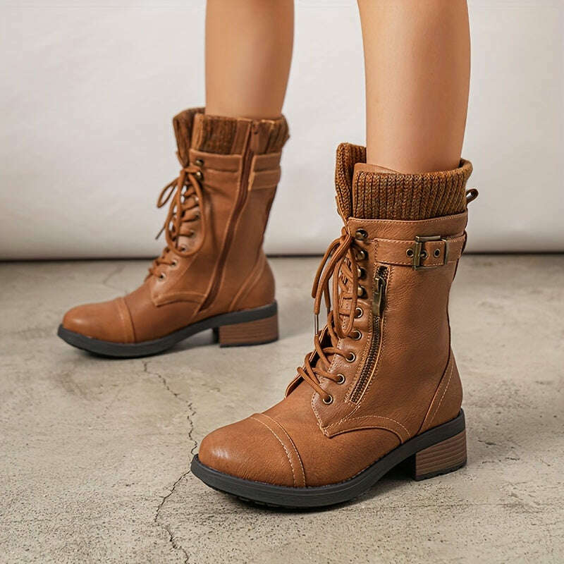 Women's Winter Lace Up Mid Calf Combat Riding Boots