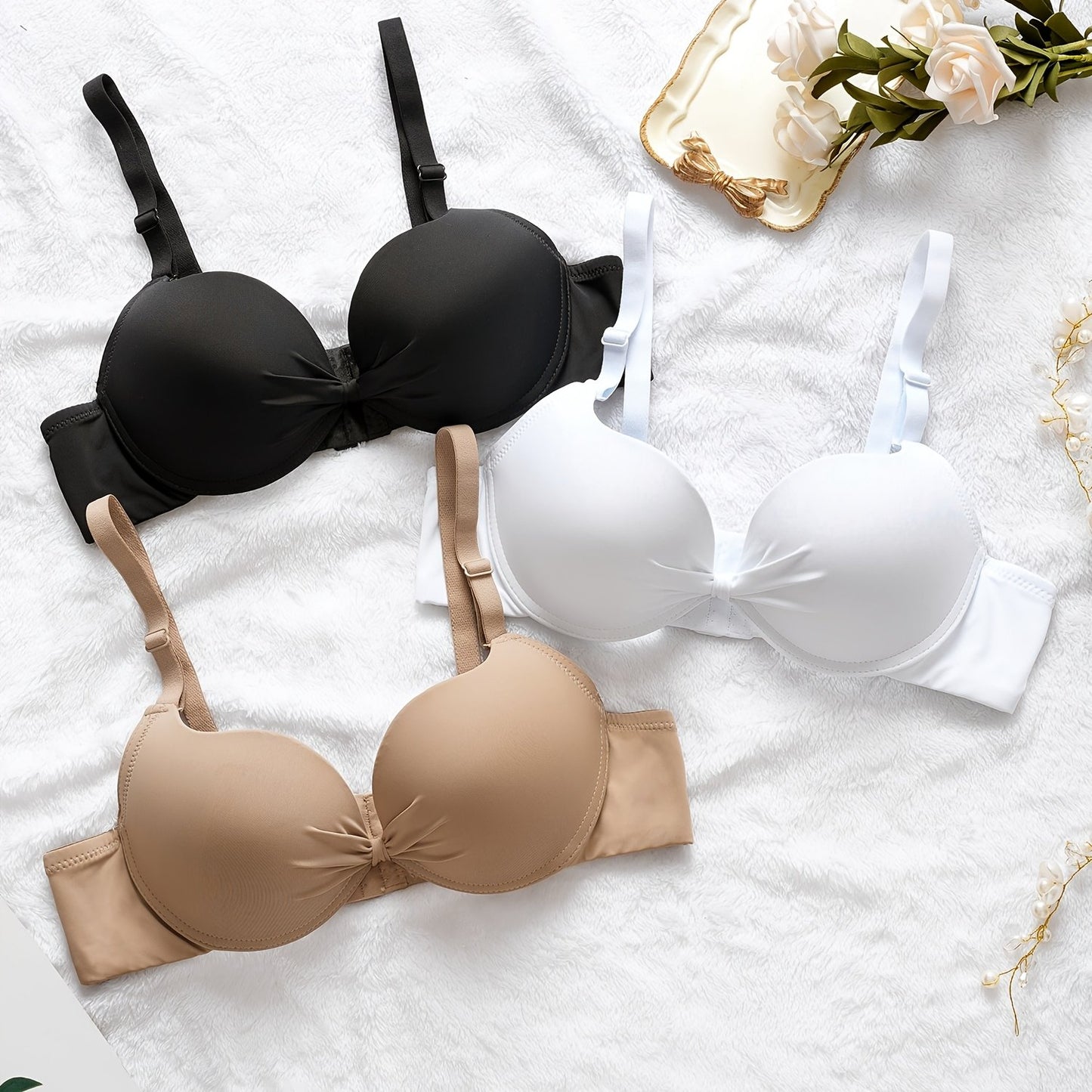 3pcs Ultra Soft Push-Up Bras for Women - Comfortable, Lightweight T-Shirt Style with Underwire Support & Non-Removable Pads