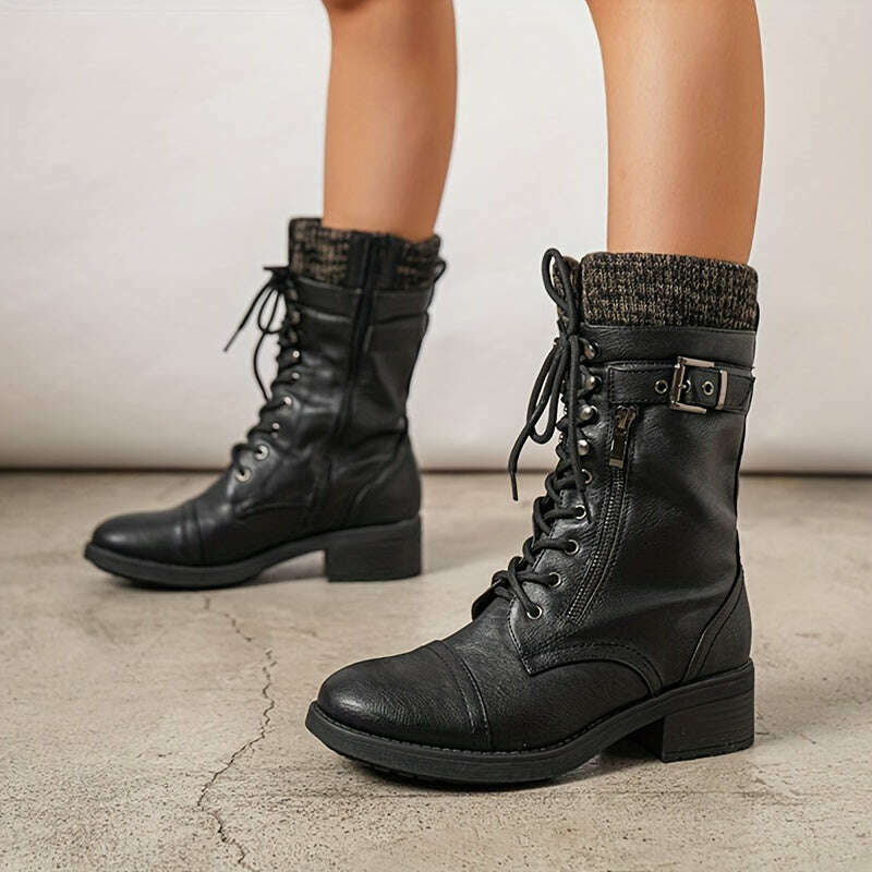 Women's Winter Lace Up Mid Calf Combat Riding Boots
