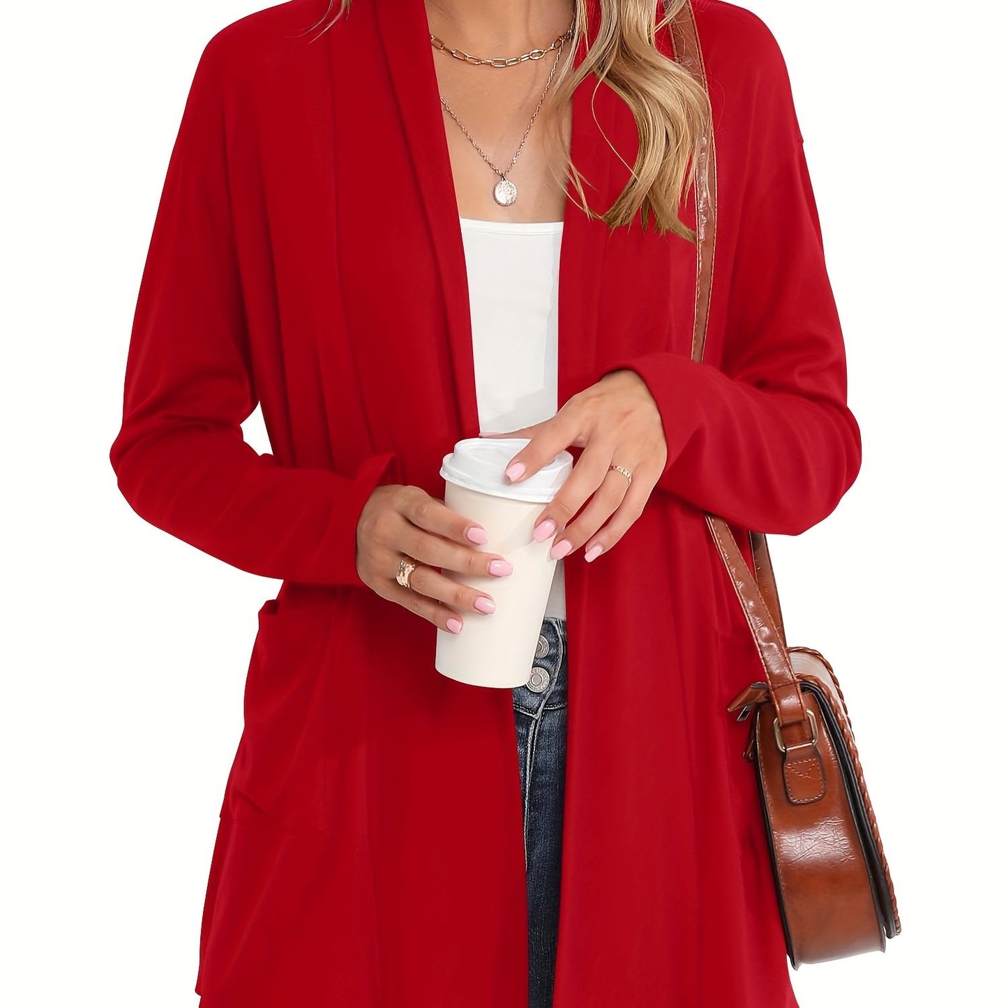 Spring & Autumn Women's Casual Solid Color Cardigan – Open Placket with Double Pocket Design