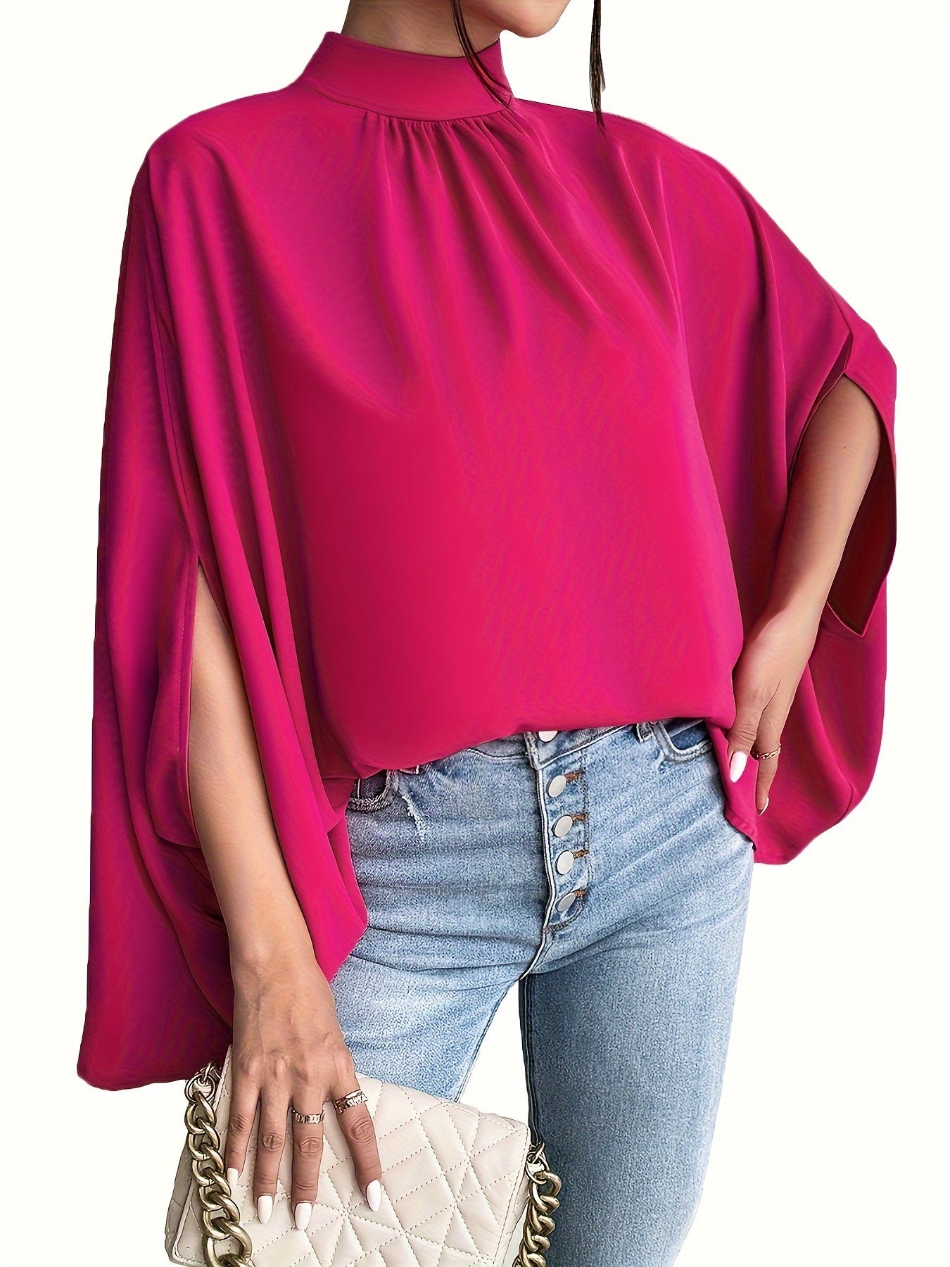 Women's Oversize Smock Neck Knot Back Batwing Sleeve Blouse Shirt Top