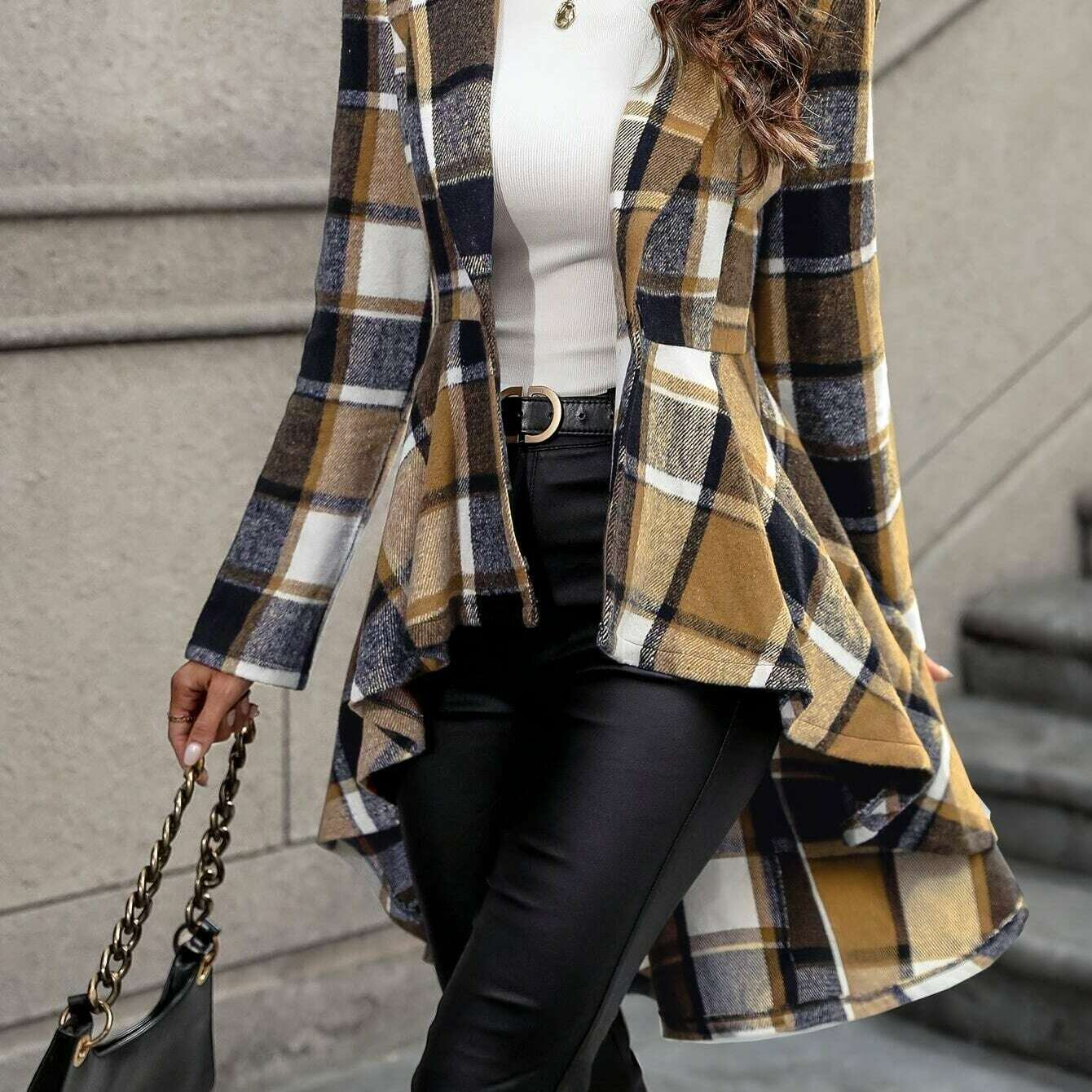 Stylish Plaid Flare Jacket with High-Low Hem for Women