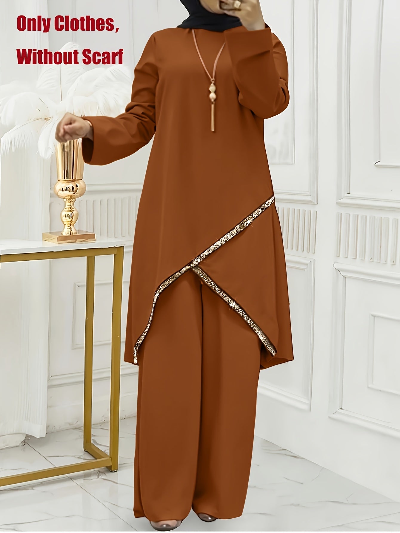 Women'S Traditional Arabian Attire - Elegant Long Sleeve Abaya with Cross-Front Detail & Matching Pants, Solid Color All-Season Polyester Modest Cover-Up, Middle Eastern Cultural Fashion for Casual & Formal Occasions, Muslim