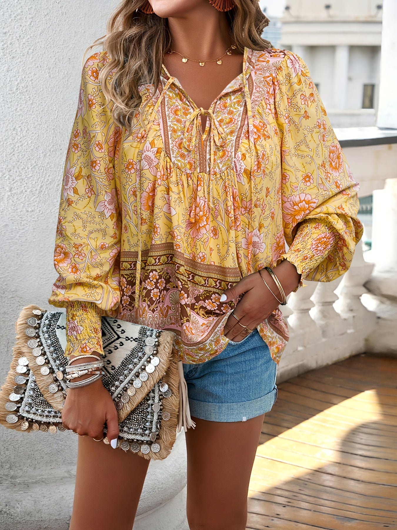 Floral Print V Neck Blouse, Casual Drawstring Long Sleeve Blouse For Spring & Fall, Women'S Clothing