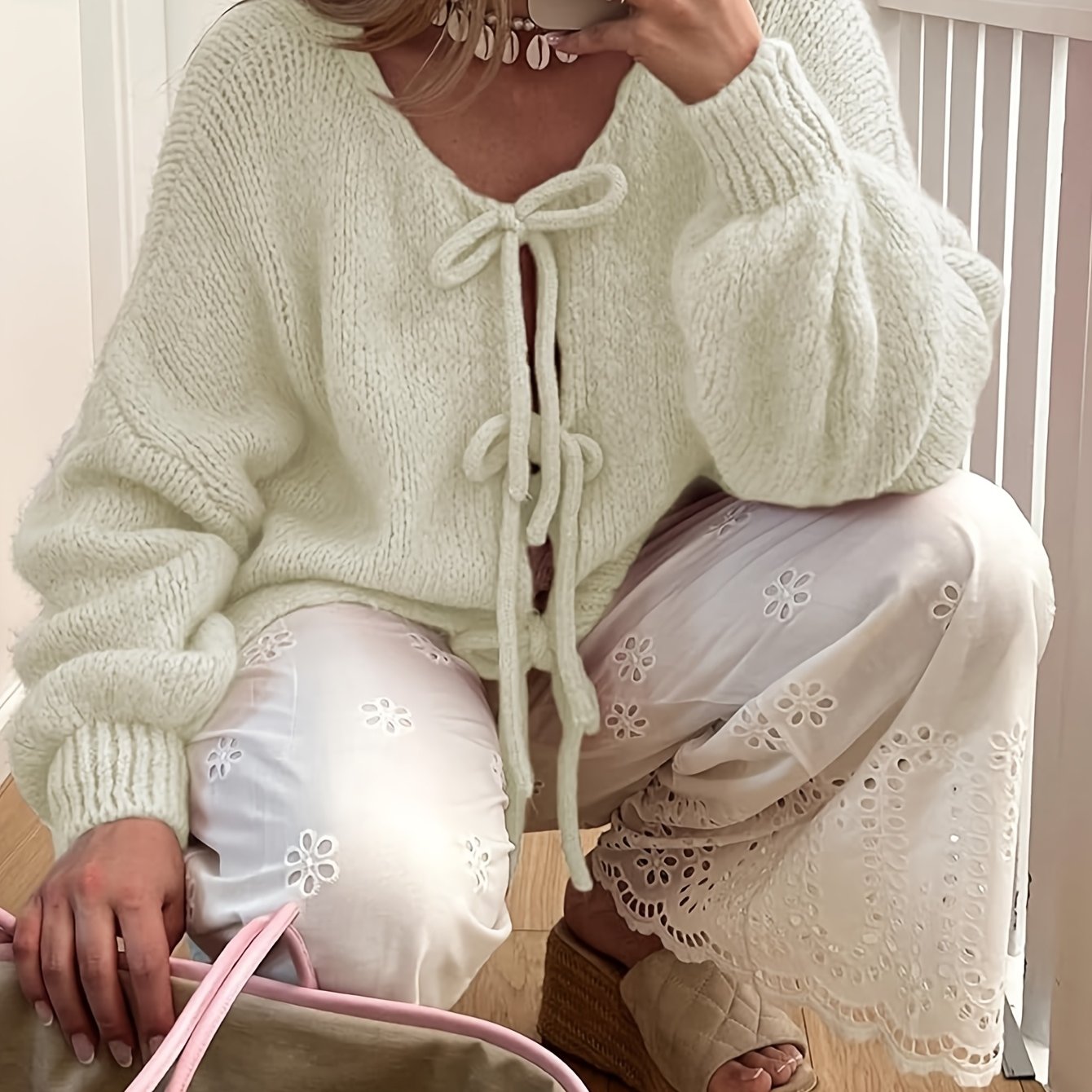 Women'S Oversized Bowtie Knit Sweater Cardigan With Y2K Vibe Long Sleeves V Neck Open Front Casual Wear