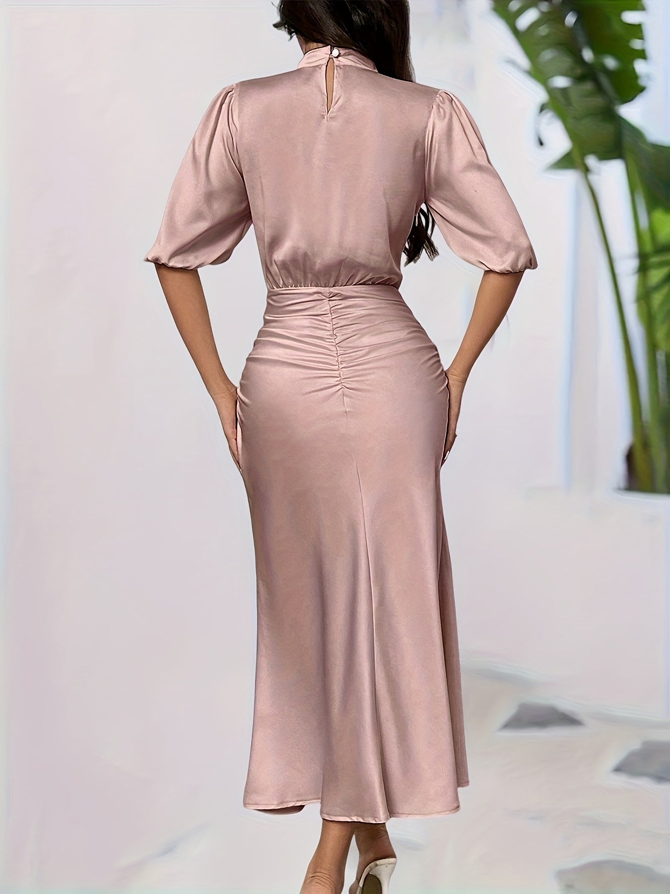 Women's Elegant High-Neck Solid Color Dress - Polyester Fitted Top & Flowy Skirt, All-Season Machine Washable Dress for Casual to Formal Occasions, Cute Dresses, Versatile Clothing, Comfortable Wear, Durable Fabric, Office At