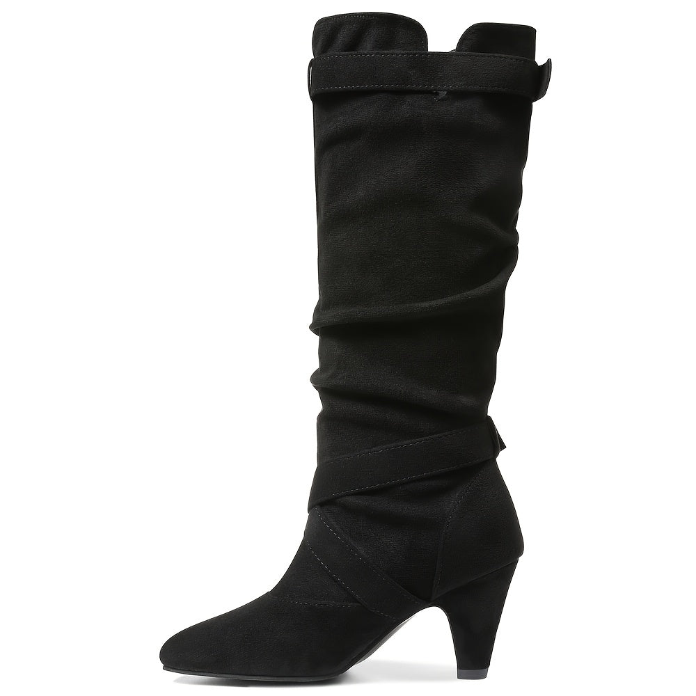 Women's Brown Retro Mid-Calf Boots - Thick High Heels, Pointed Toe, Buckle Straps, Stylish Pull-On for Party or Office, Suedelike