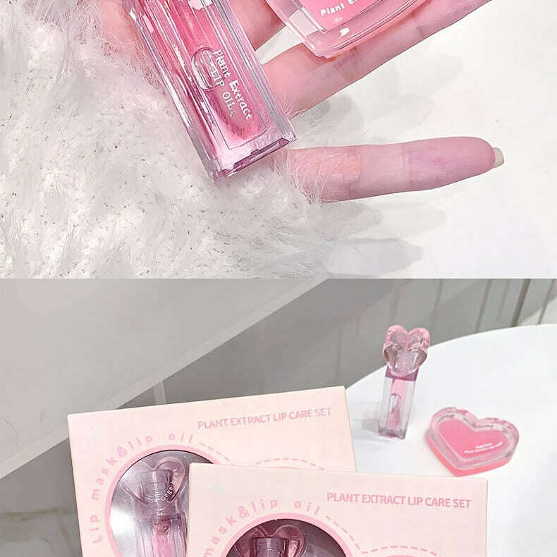 2pcs Heart-Shaped Lip Treatment Set: Nourishing Lip Mask + Glossy Lip Oil
