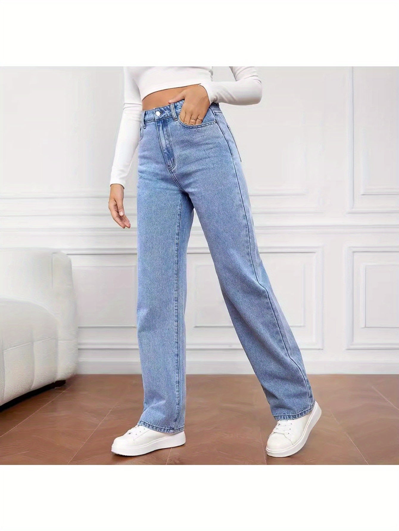 Women's High Waist Stretchy Jeans - Non-See-Through Washed Denim Pants with Straight Leg Fit, Stretchy Fabric for Everyday & Formal Outfits - Machine Washable All-Season Women's Pants, Street Style, Sleek Silhouette, Comforta