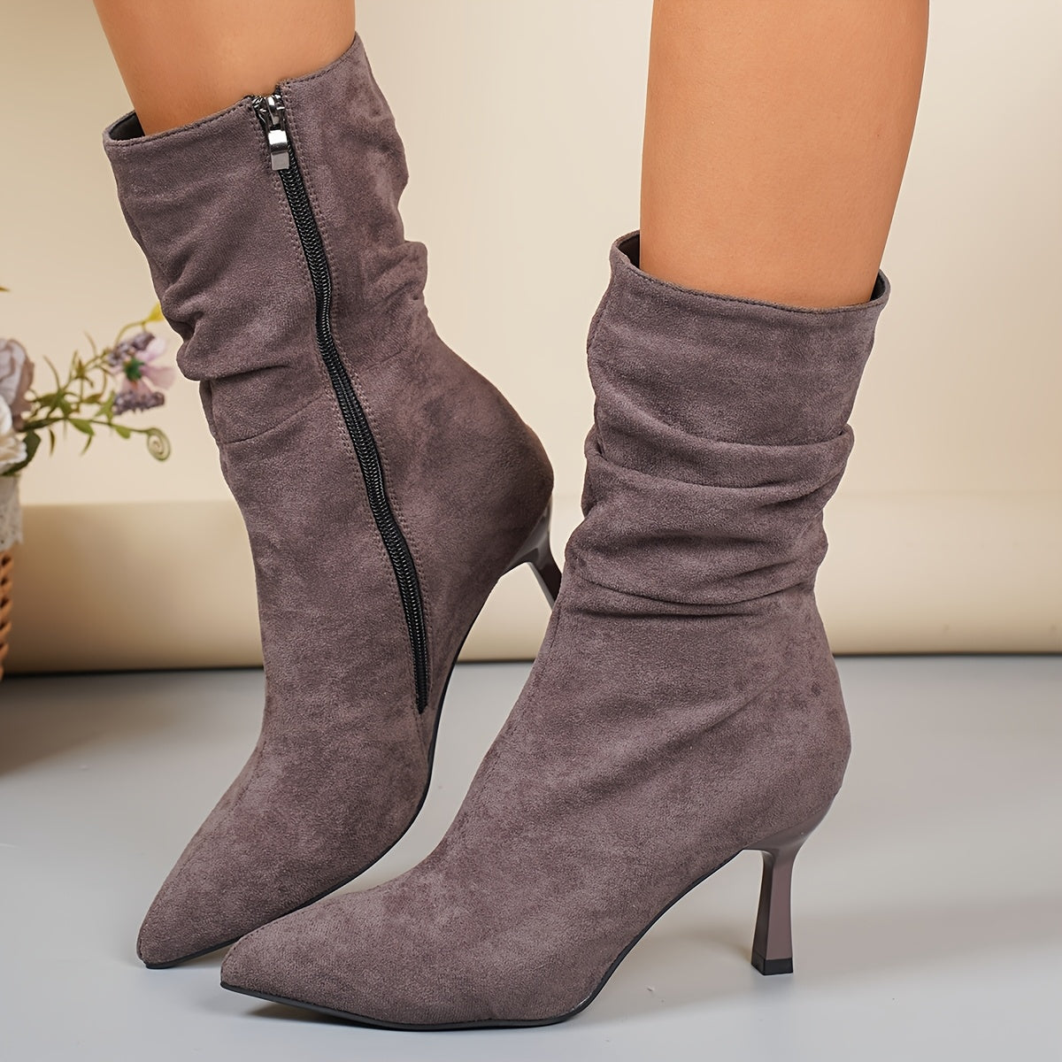 Women's Plus Size Chic Pointed Toe Boots - Slip-resistant Rubber Sole, Elegant Side Zipper Closure, Soft Fabric Lined Interior - Brown Formal & Everyday Boots for Women, Professional Footwear
