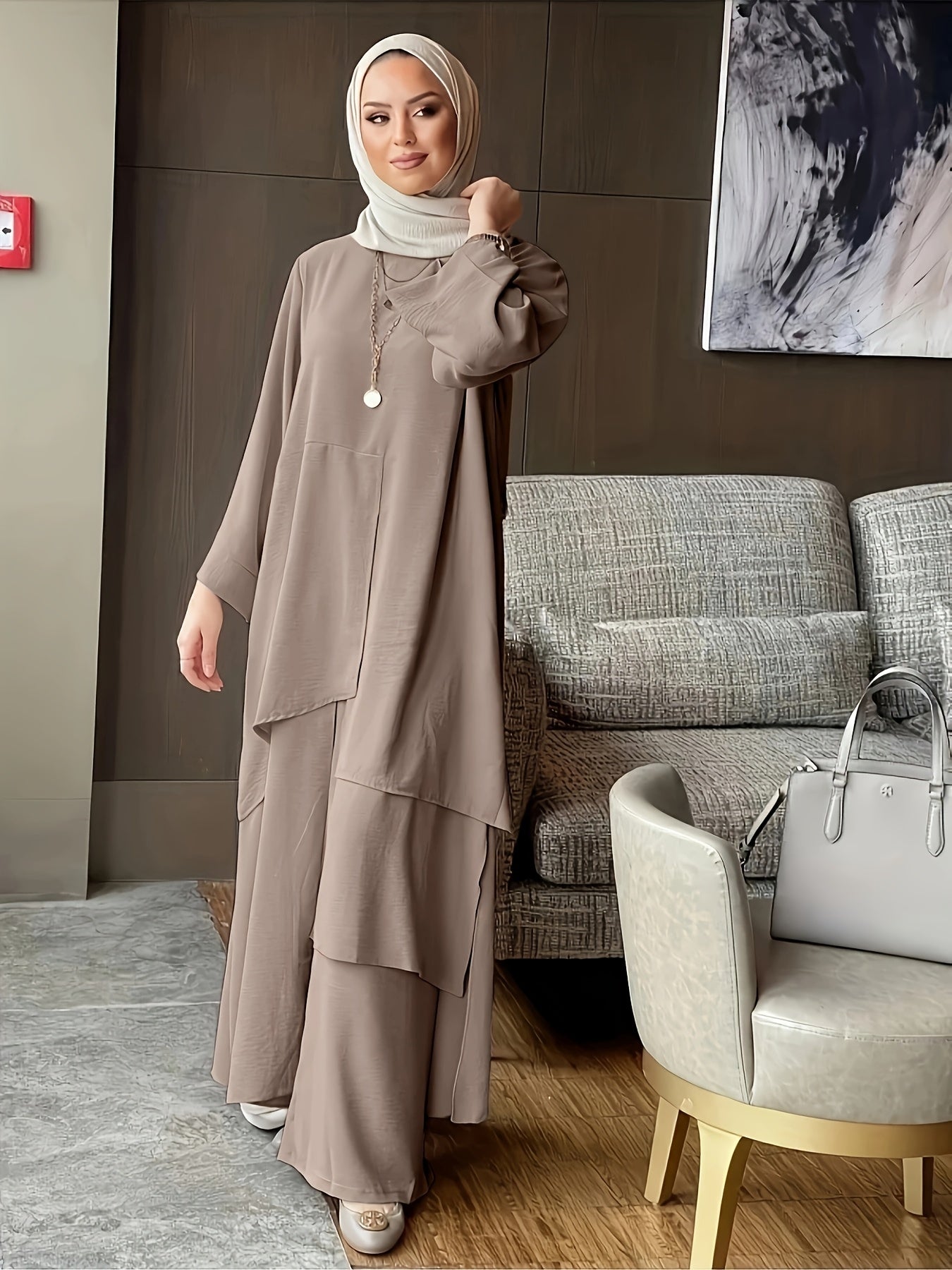 Muslim Women's Round Neck Abaya and Wide-Leg Pants Set, Middle Eastern Two-Piece Abayas with Round Neck