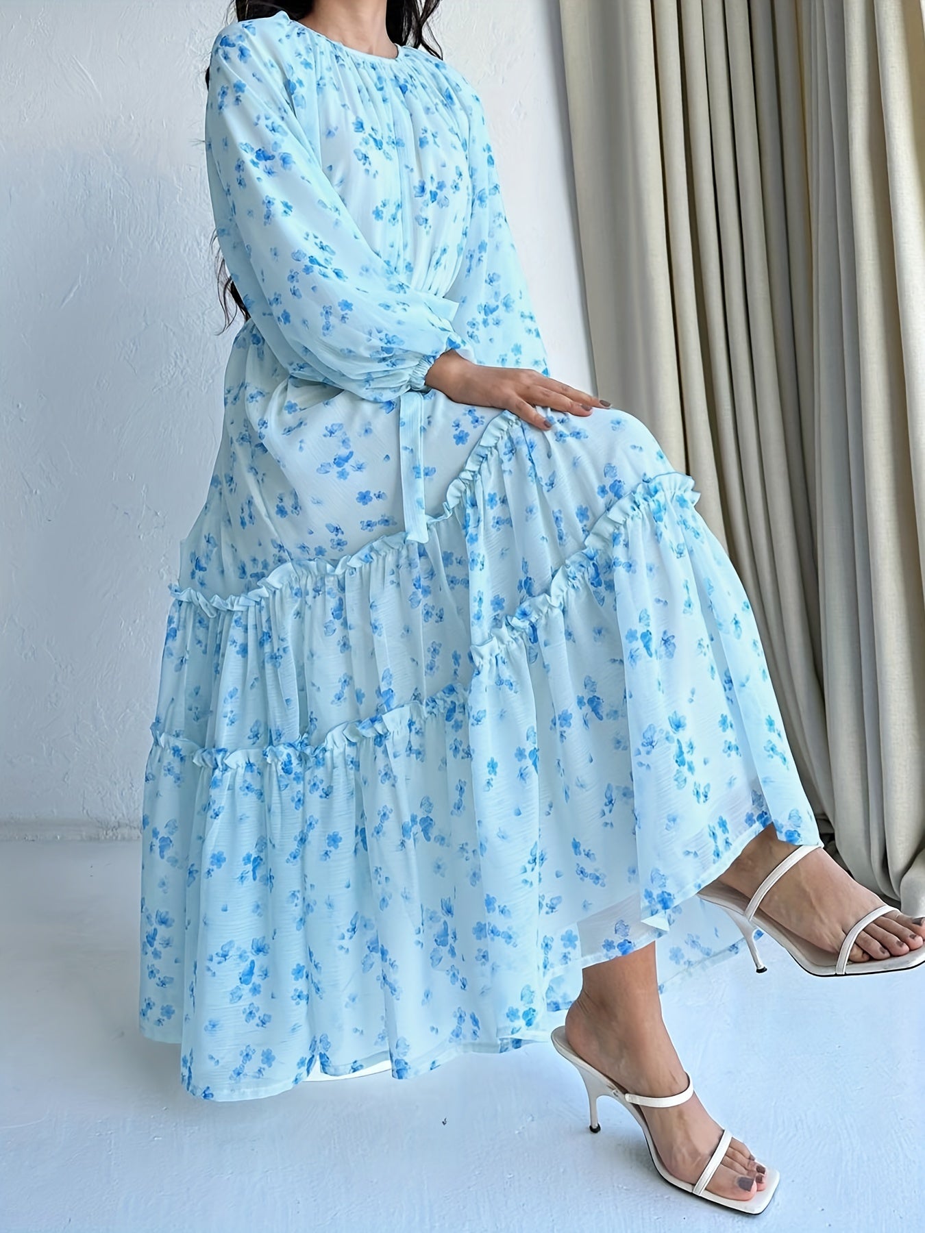 Stunning Floral Print Crew Neck A-Line Dress - Elegant Long Sleeve, Tiered Hem, Comfortable Fit, Versatile Occasion Wear - Womens Clothing for Everyday Elegance