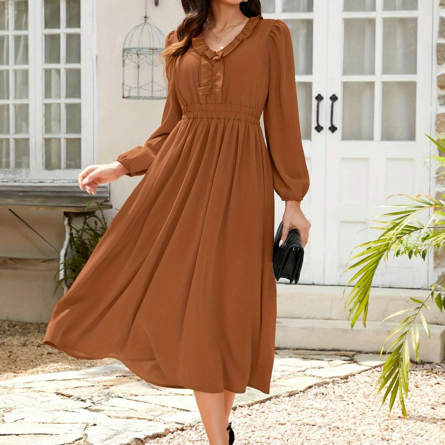 Long Sleeve Elegant Party Dress with Pleats & Ruffles - D&M Boutique