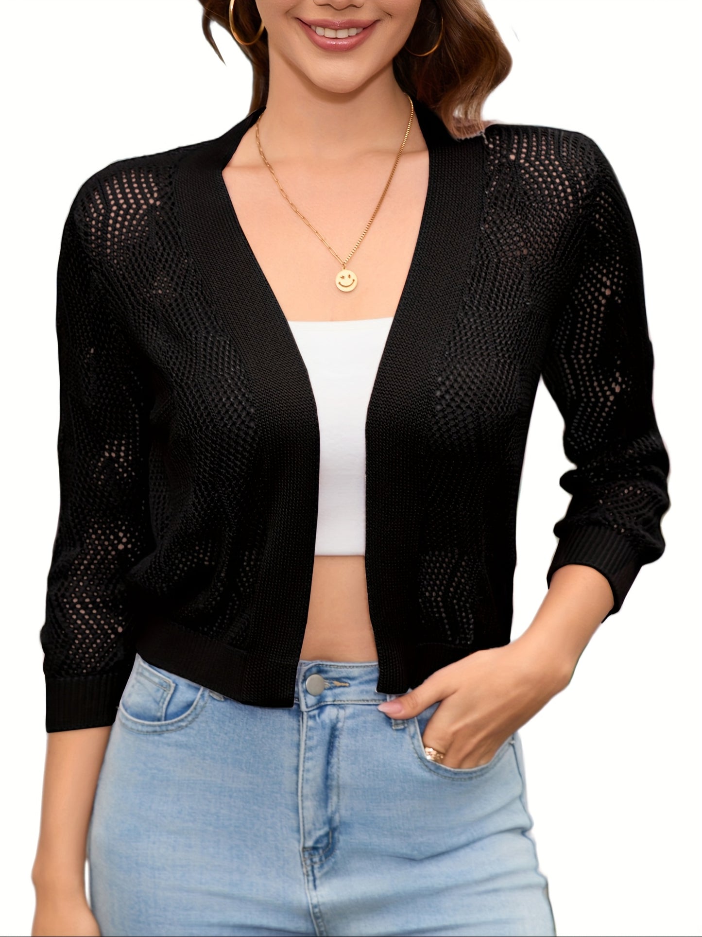 2025 Women'S 3/4 Sleeve Crochet Knit Open Front Cardigan Cropped Shrug Bolero Lightweight Sweaters Tops