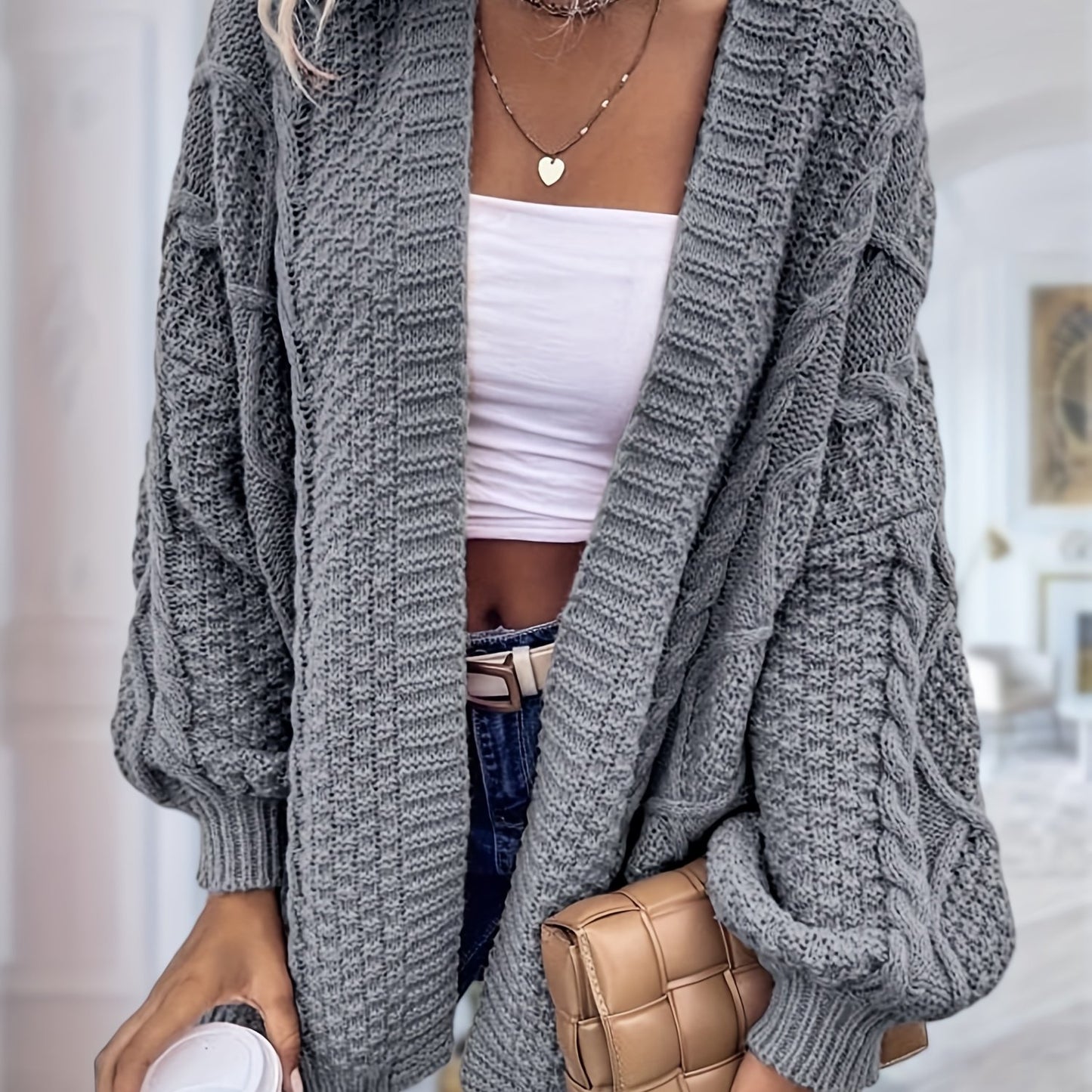 Women's Oversized Chunky Cable Cardigan Sweater Coat - Soft Pink Open Front Long Sleeve Winter Coat with Button-Free Closure, Cozy Fall & Winter Sweater for Casual Semi-Formal Outfits