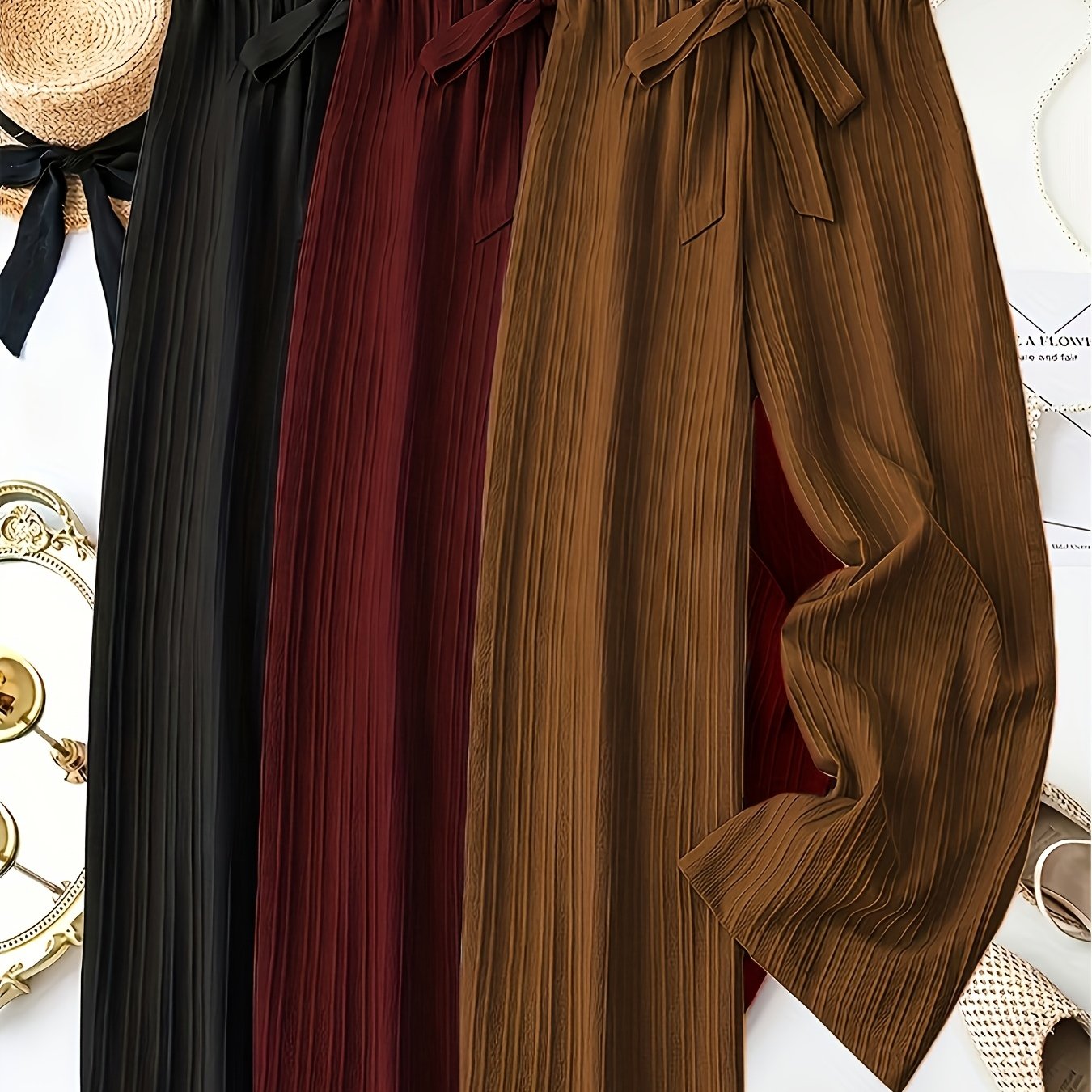 3pcs Women'S Elegant Solid Color Striped Long Pants with Bow Detail - Comfortable Loose Fit, Elastic Waistband, Perfect for Spring & Summer Casual Wear
