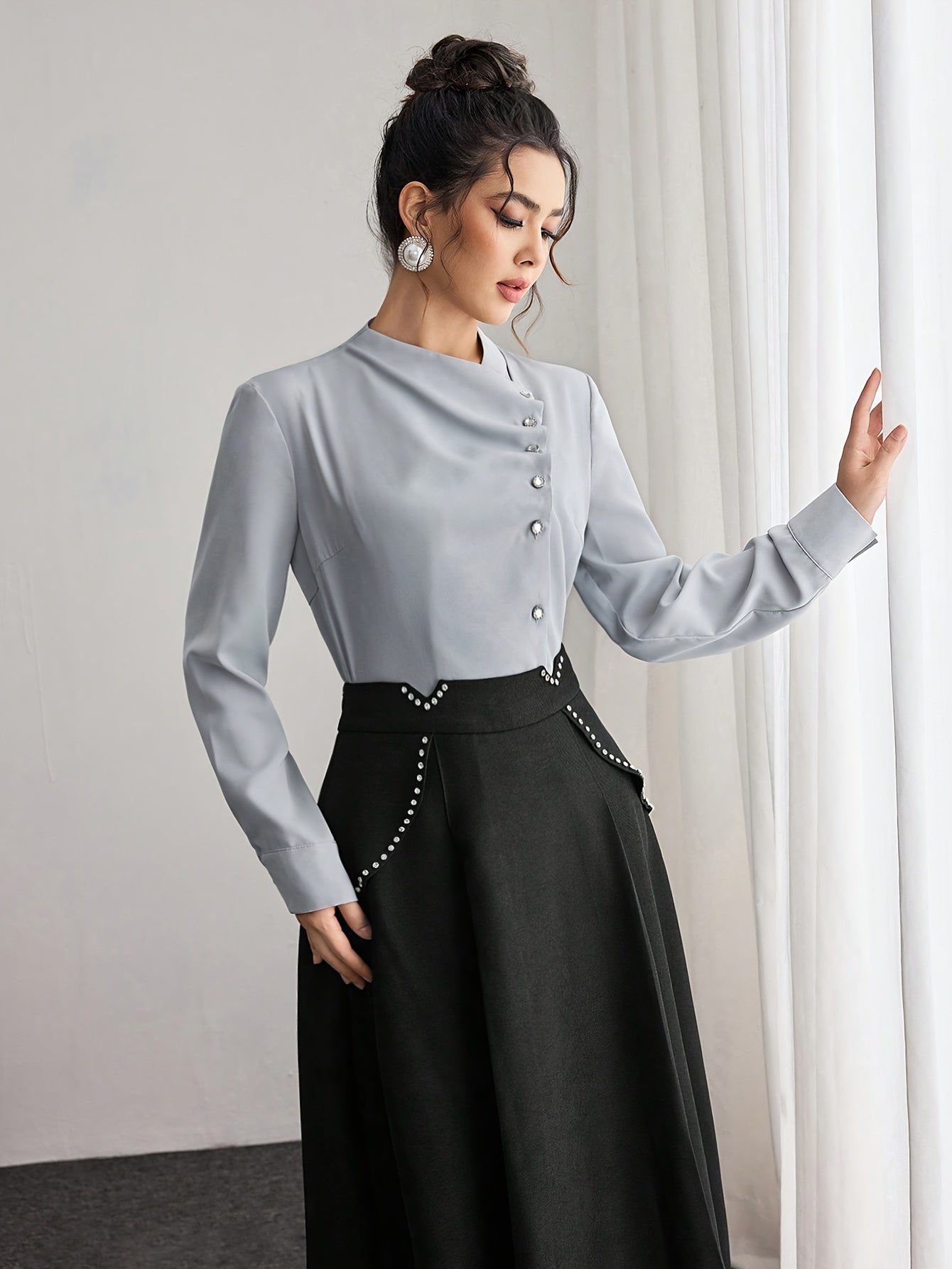 Women's Elegant French-Inspired Lace-Up Blouse with Cross Neckline & Pleated Detailing - Thick Non-Pilling Long Sleeve Shirt, Machine Washable Solid Color Top for Spring/Fall Office & Casual Wear, Lace Long Sleeve Top, Profes