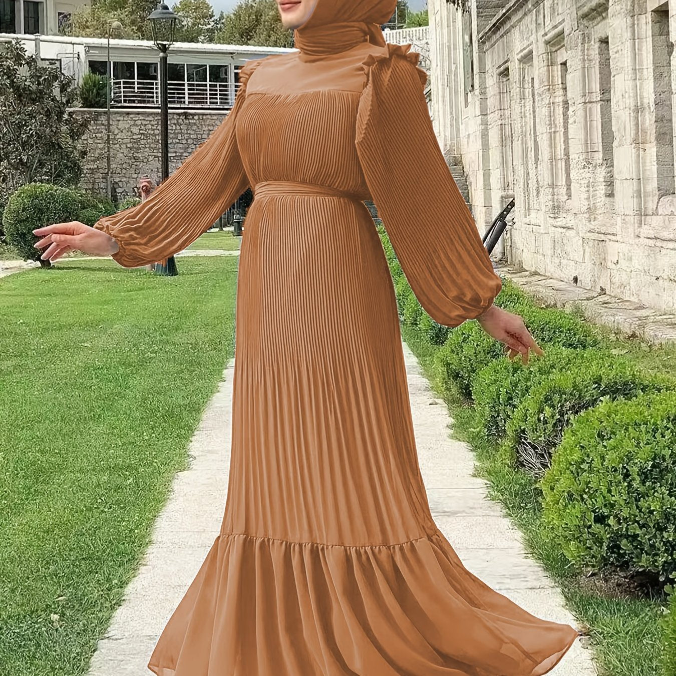 Women's Middle Eastern Muslim Abaya Kaftan Dress - Modest Long Sleeve Ruffled Hem Solid Color Traditional Dress with Belt, Machine Washable All-Season Casual Wear, Modest Apparel | Soft Texture