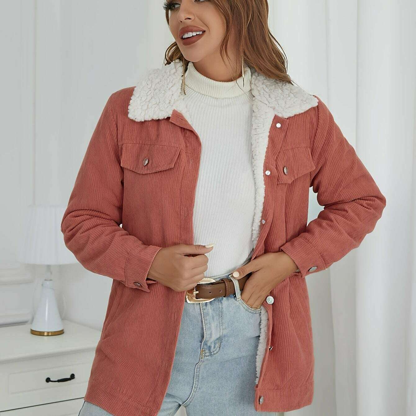 Women's Corduroy Sherpa Lined Button-Up Trucker Jacket