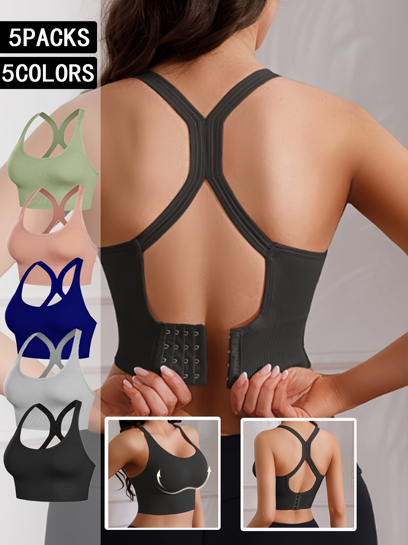 5pcs Women's X-Back Sports Bras with Removable Pads - Wire-Free Breathable High-Impact Workout Tops, Adjustable Straps & Full Coverage Support, 10 Color Options (Green, Black, White, Blue, Navy, Pink, Grey, Beige, Brown, Purp