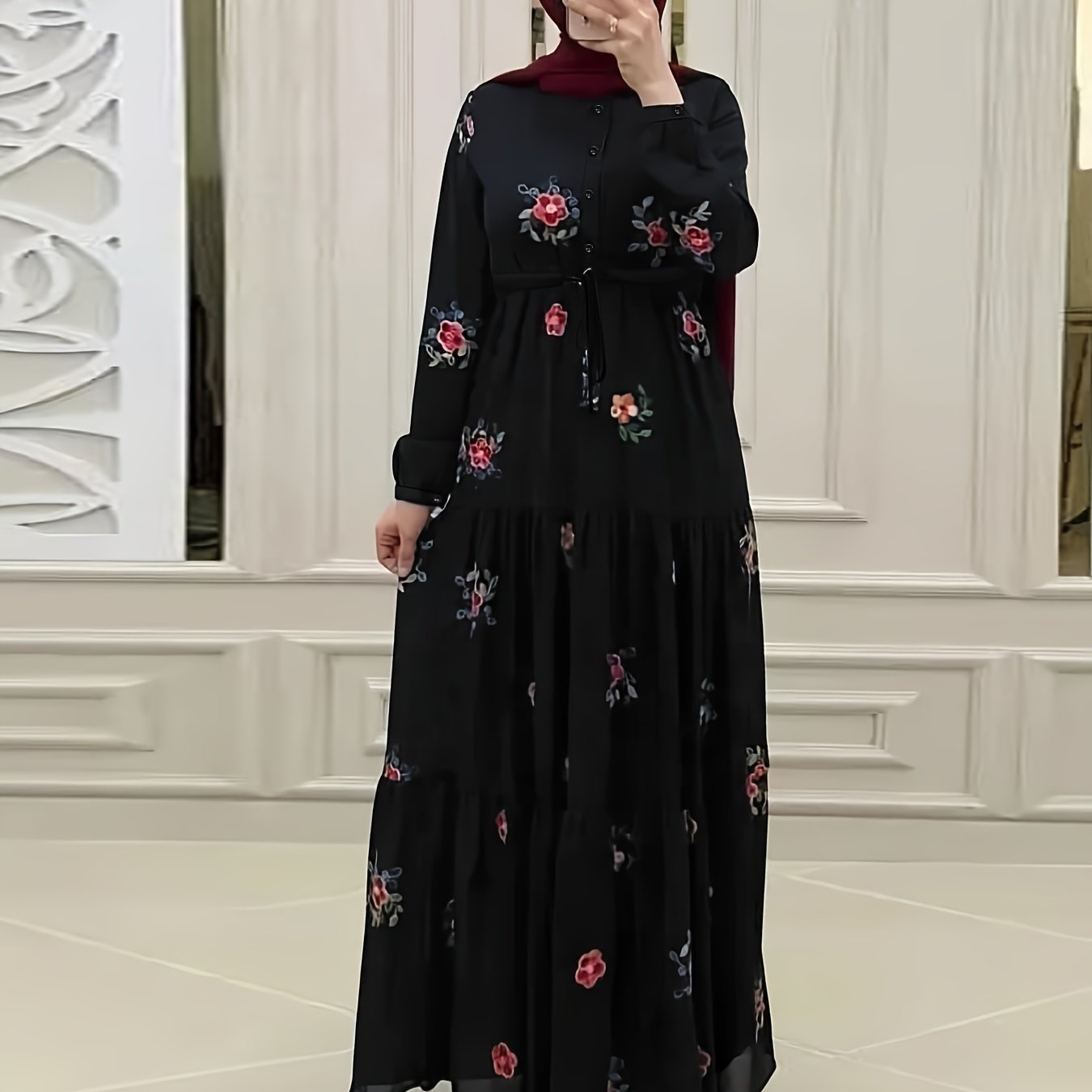 Ramadan Floral Pattern Abaya Dress, Elegant Button Front Long Sleeve Maxi Dress, Women's Clothing