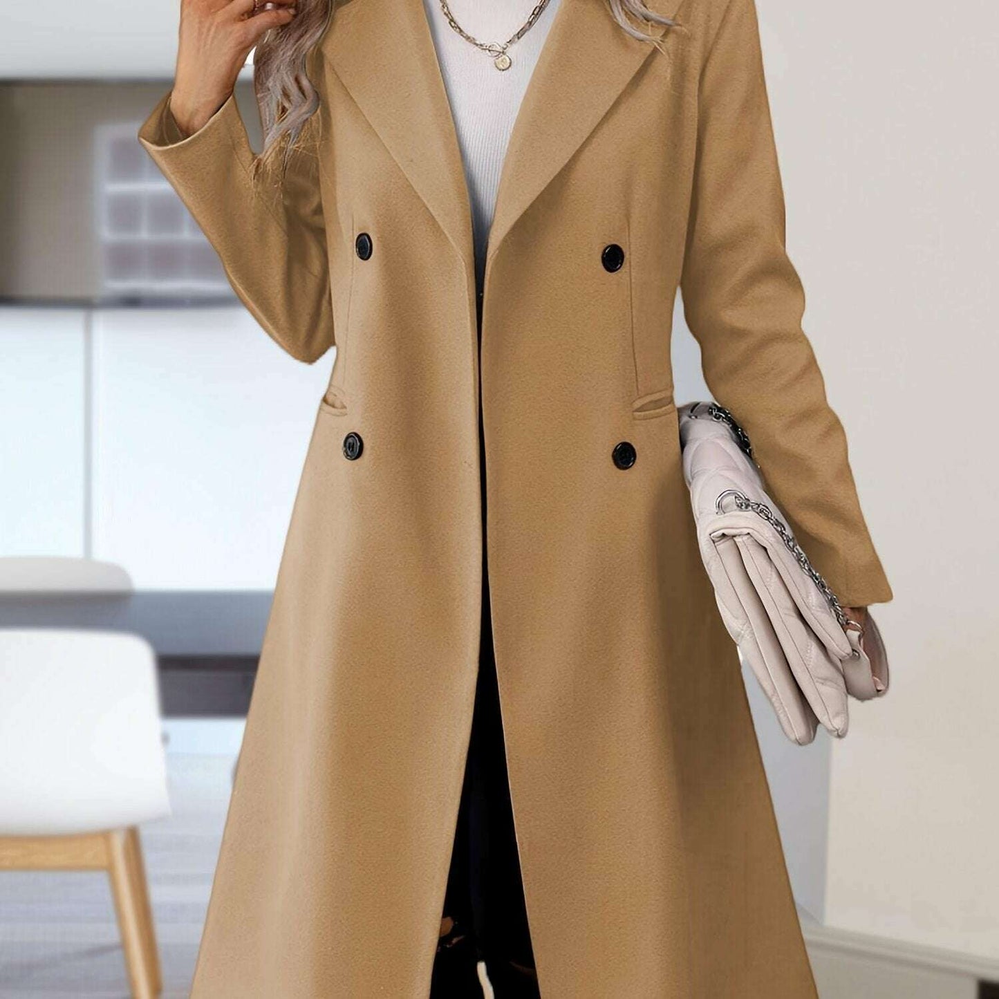 Women's Long Double-Breasted Pea Coat with Lapel Collar