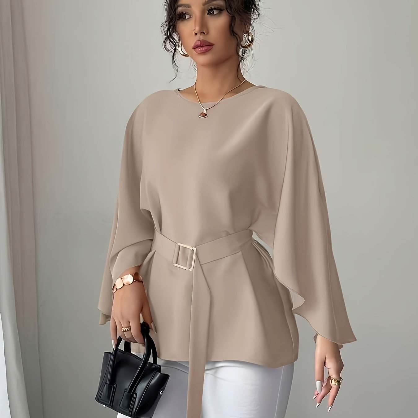 Red Women's French Blouse - Elegant Batwing Sleeves, Belted Waist, Non-See-Through Fabric for Formal & Everyday Outfits - Spring/Autumn Blouse, Lightweight Material, Smooth Texture Top, Round Neck Design, Casual Chic Top, Pro