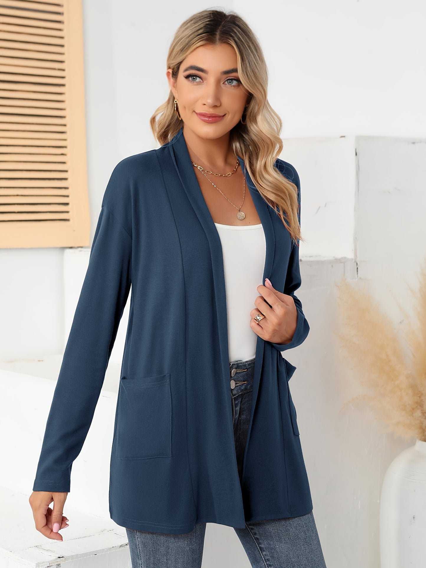 Spring & Autumn Women's Casual Solid Color Cardigan – Open Placket with Double Pocket Design