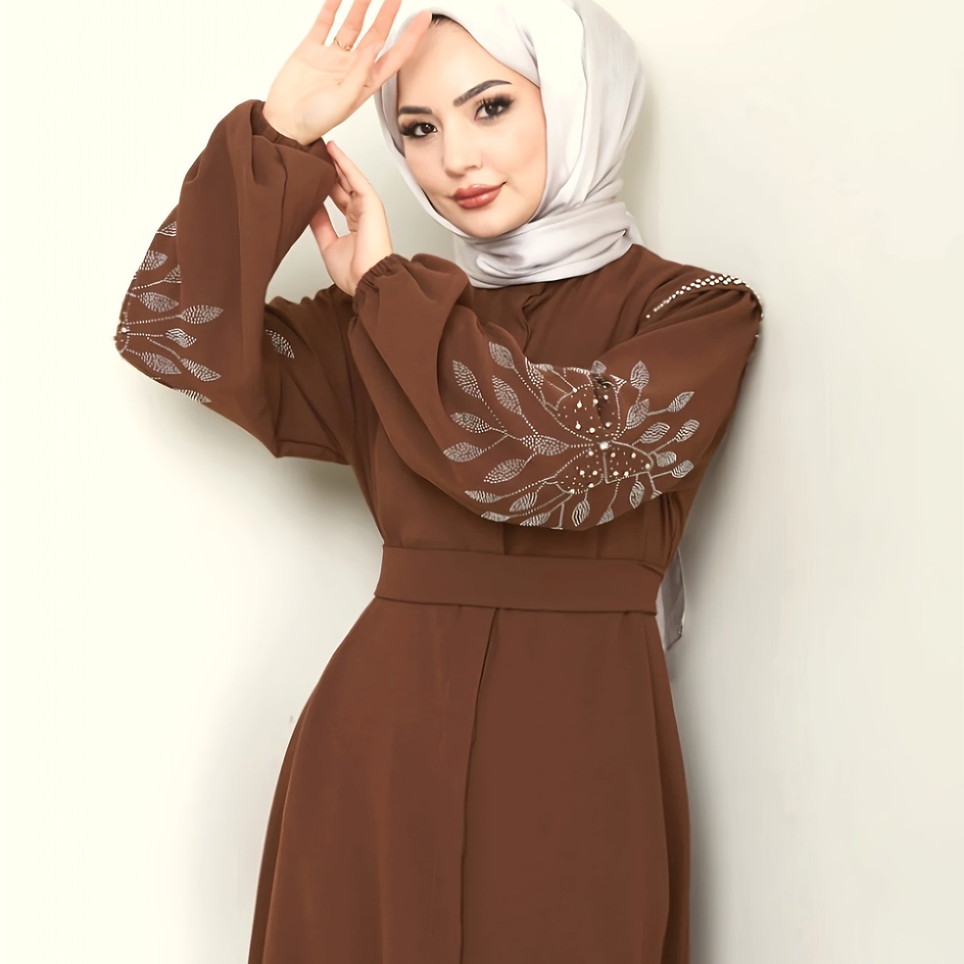 Elegant Black Abaya with Rhinestone Embellishments - Long Sleeve, Belted, All-Season Traditional Muslim Dress for Women, Islamic Fashion, Sophisticated Craftsmanship
