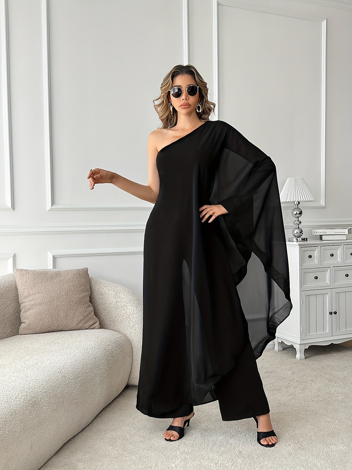 PORRCEY Sexy Single Shoulder Ruffled Sleeveless Solid Color Patchwork Elastic Jumpsuit